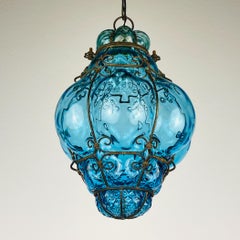 Original Venetian Blue Murano Caged Glass Pendant Lamp, Italy 1950s