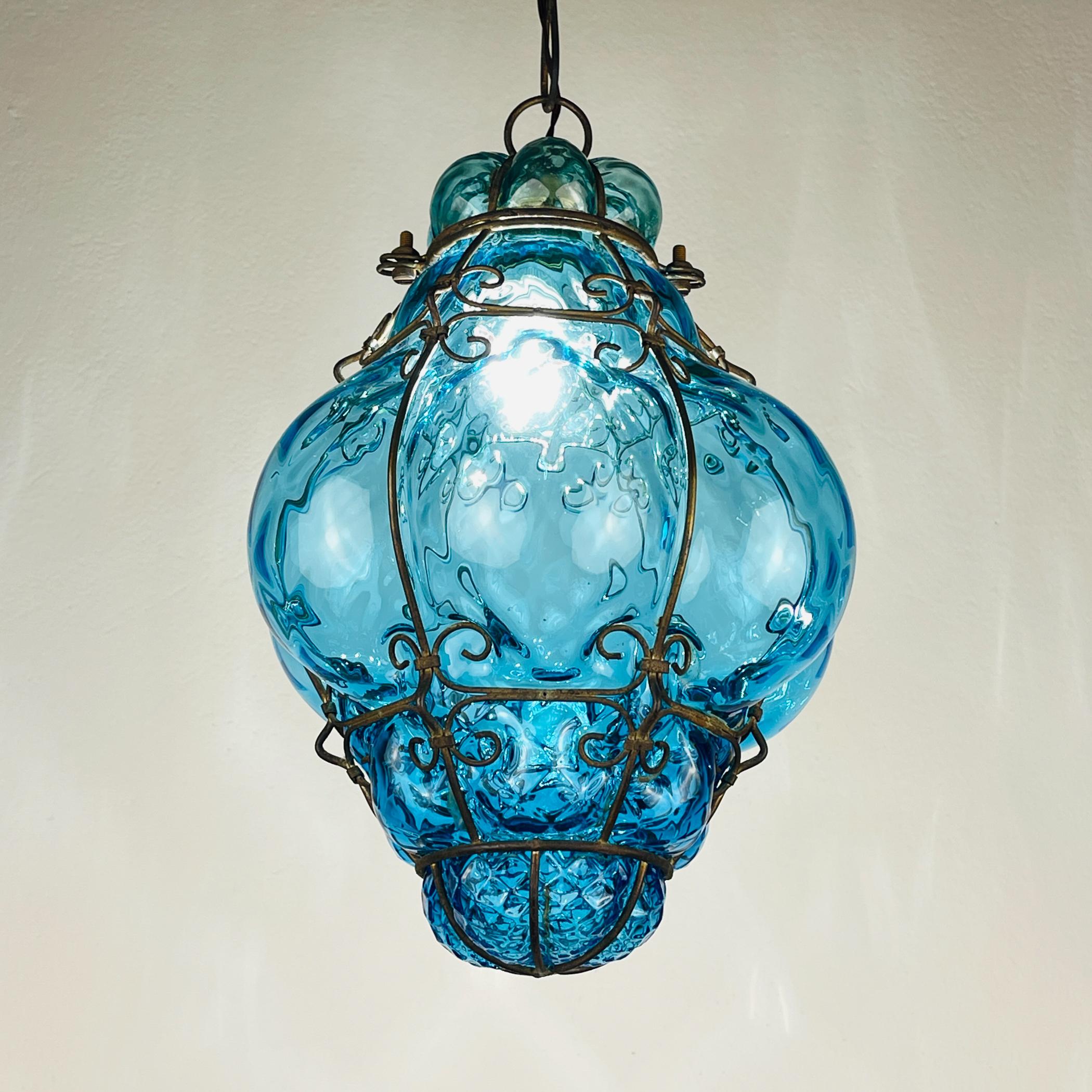 Art Nouveau Original Venetian Blue Murano Caged Glass Pendant Lamp, Italy 1950s