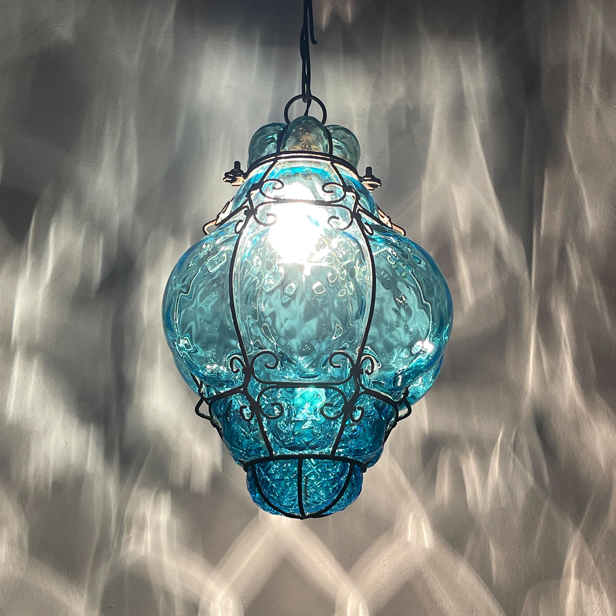 Italian Original Venetian Blue Murano Caged Glass Pendant Lamp, Italy 1950s