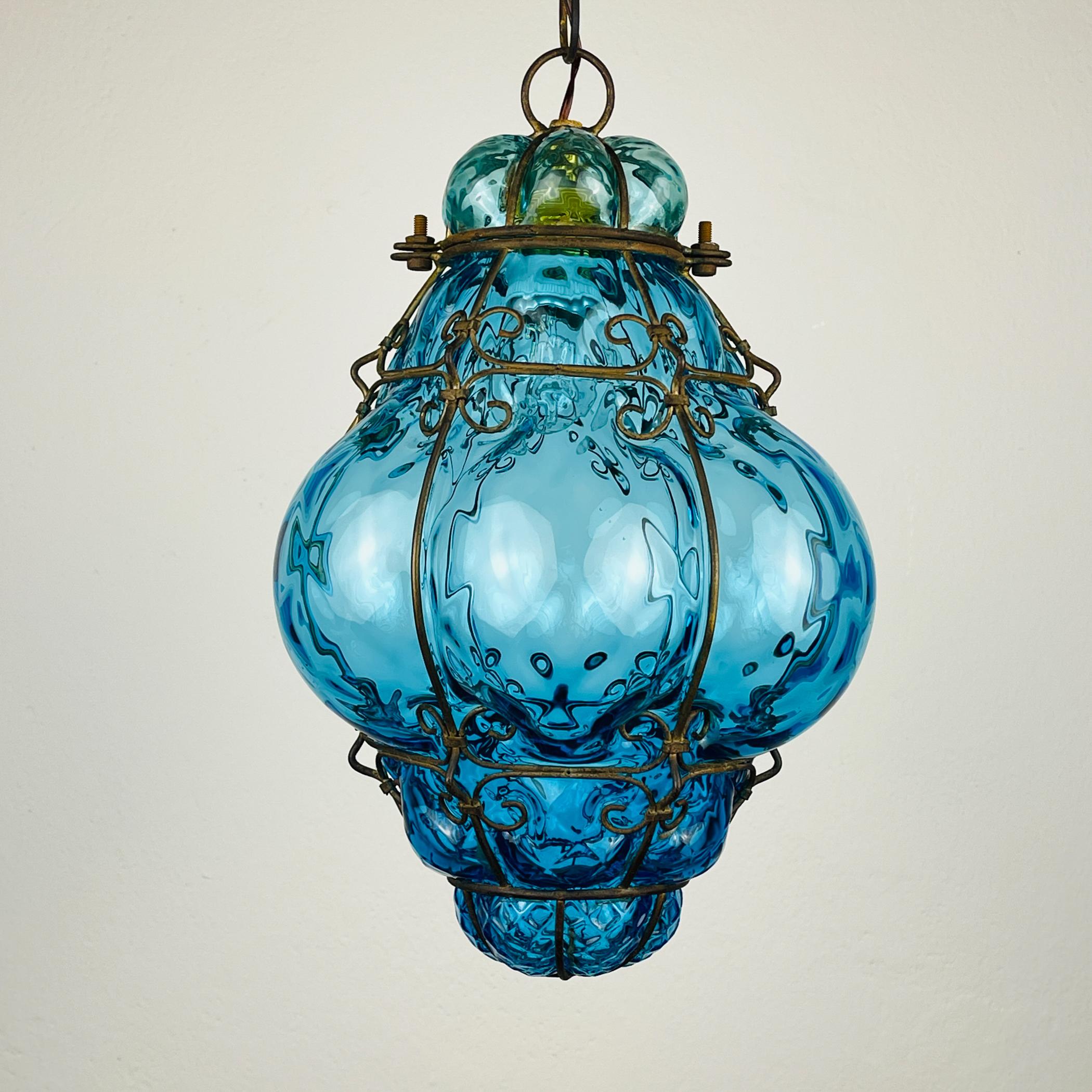 20th Century Original Venetian Blue Murano Caged Glass Pendant Lamp, Italy 1950s
