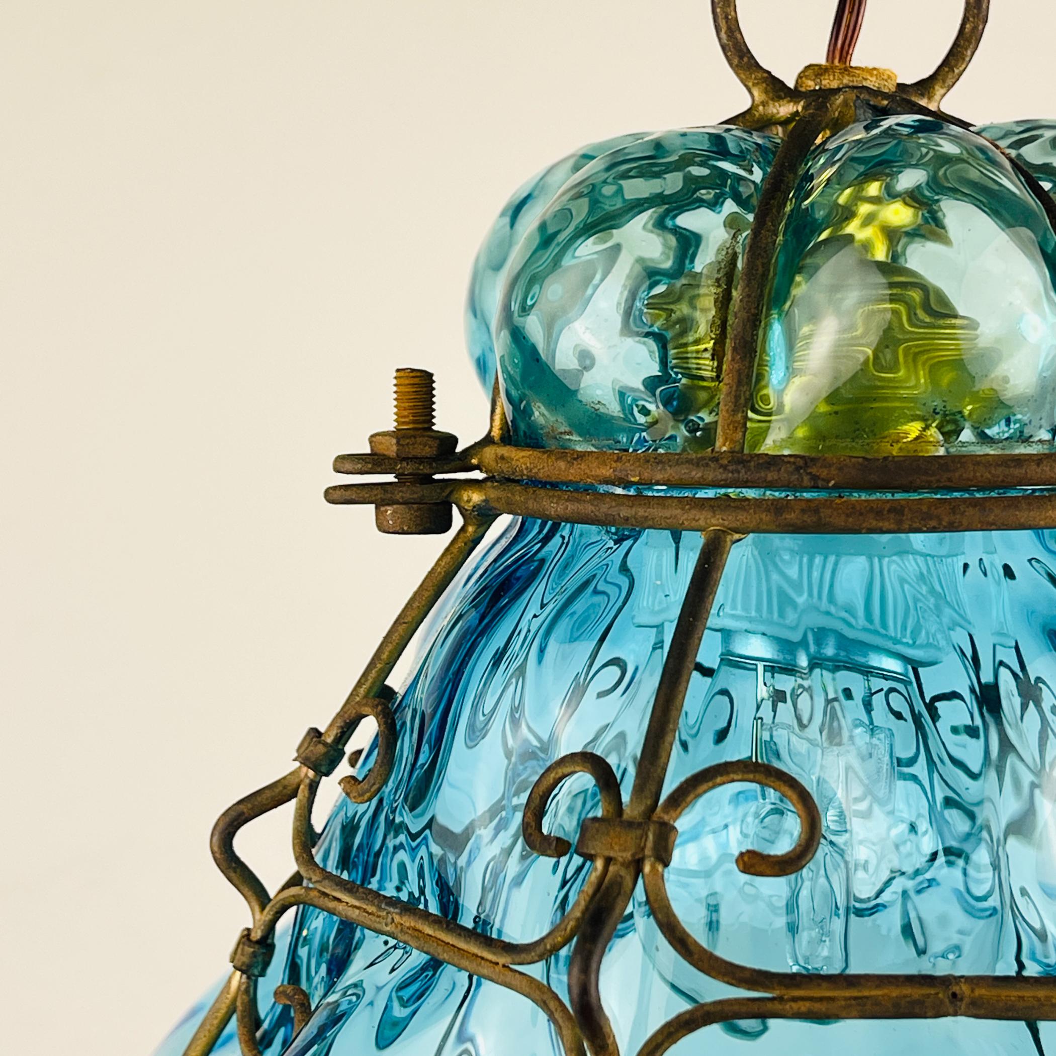 Murano Glass Original Venetian Blue Murano Caged Glass Pendant Lamp, Italy 1950s