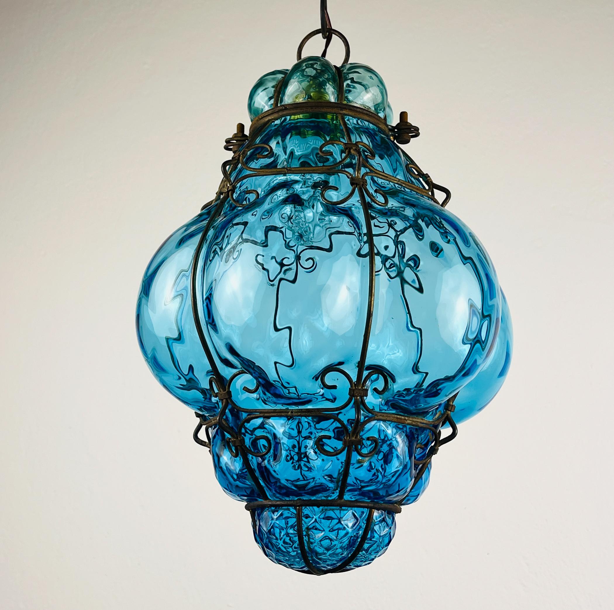 Original Venetian Blue Murano Caged Glass Pendant Lamp, Italy 1950s 1