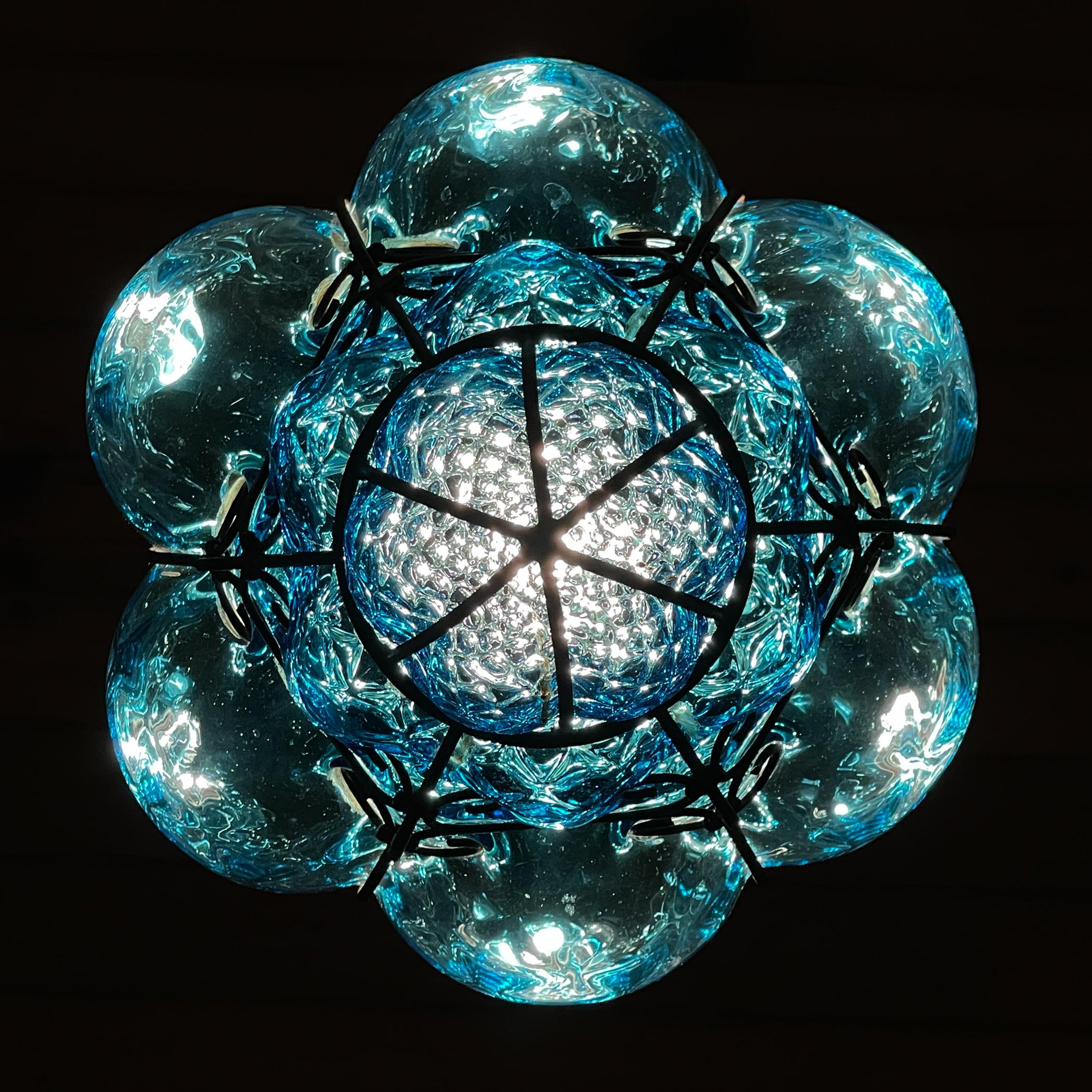 Original Venetian Blue Murano Caged Glass Pendant Lamp, Italy 1950s 2