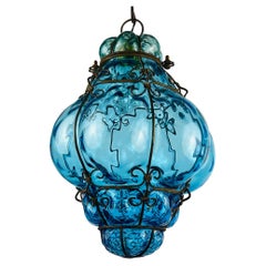 Original Venetian Blue Murano Caged Glass Pendant Lamp, Italy 1950s