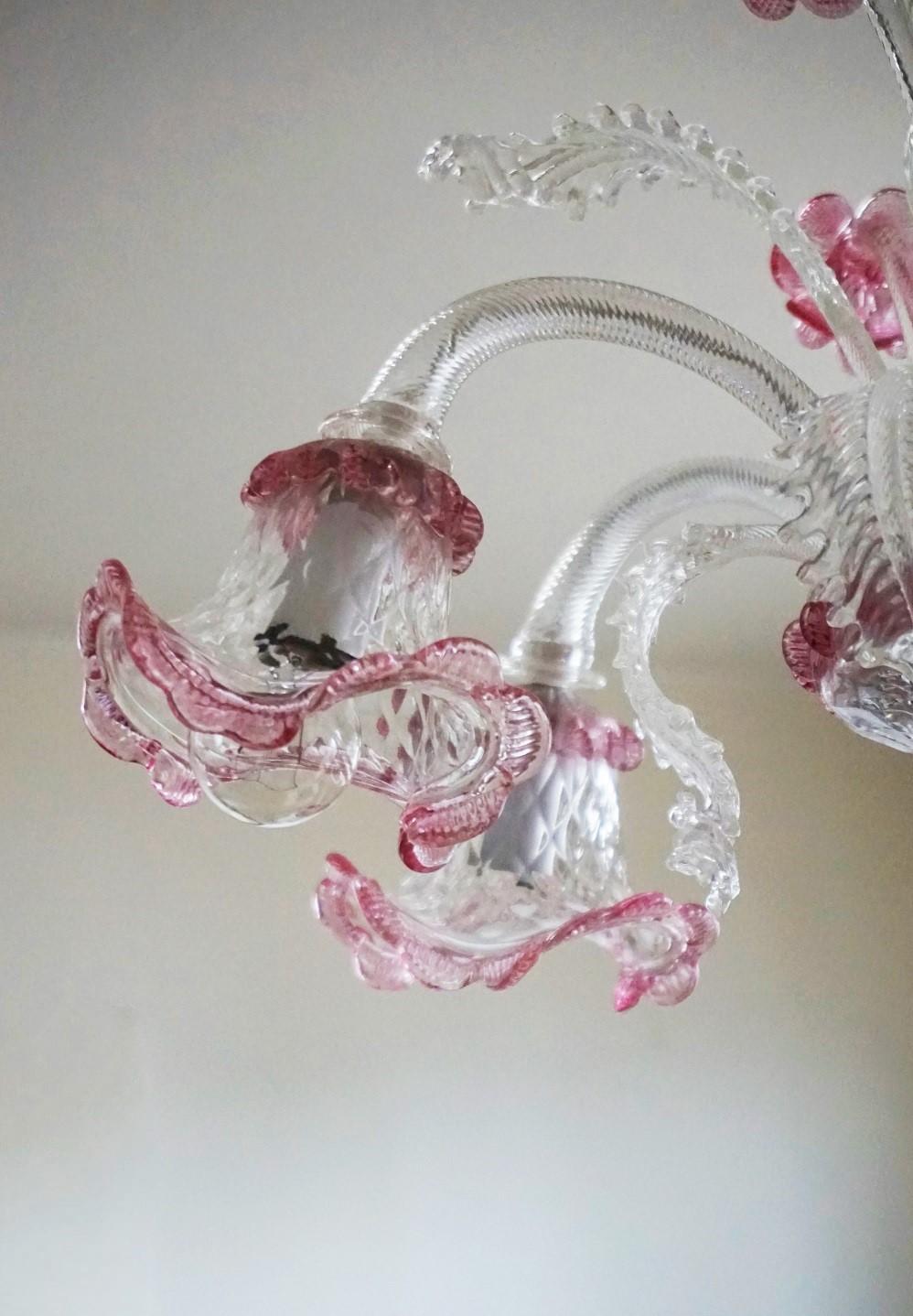 Murano Glass Chandelier Clear and Pink Blown Glass, Italy 1