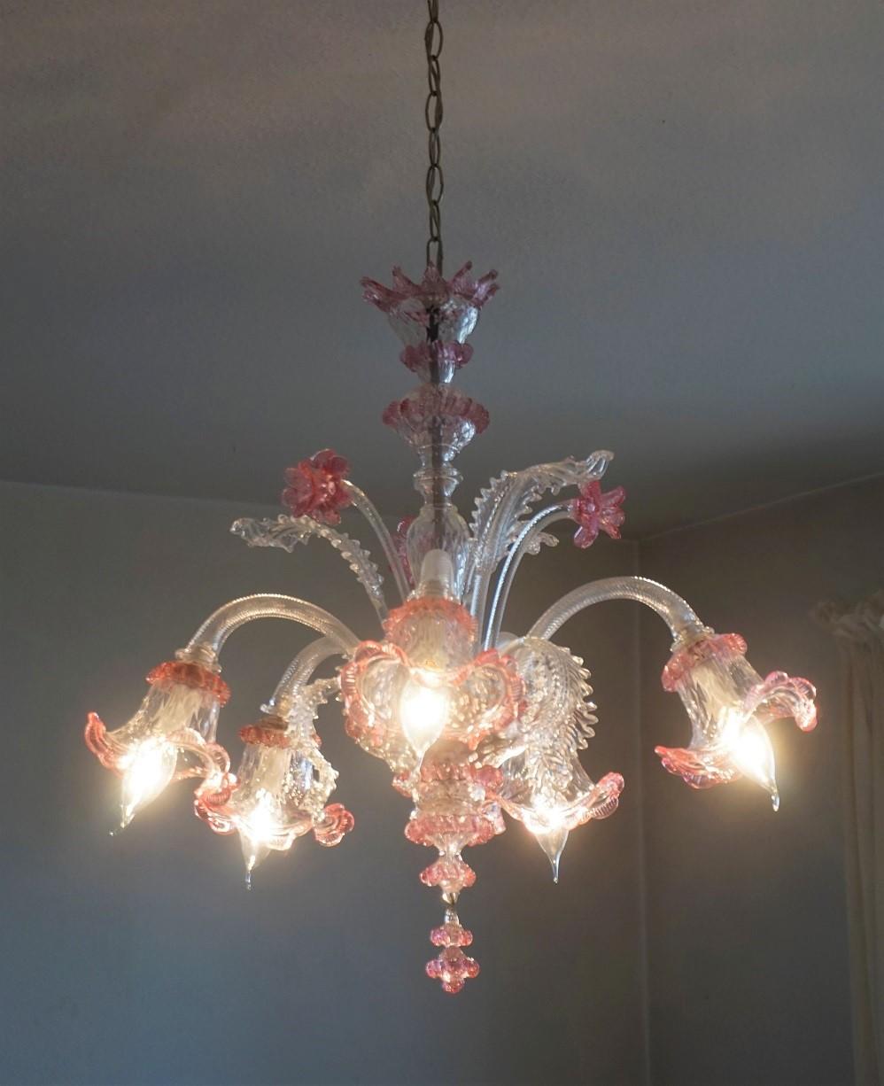 Murano Glass Chandelier Clear and Pink Blown Glass, Italy 2