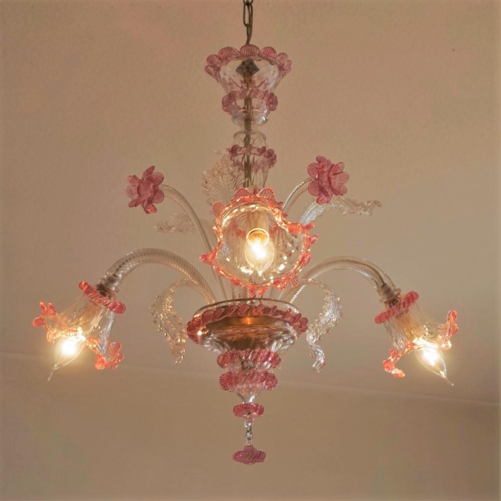 Original Venetian Handcrafted Murano Chandelier Clear and Pink Blown Glass Italy For Sale 3
