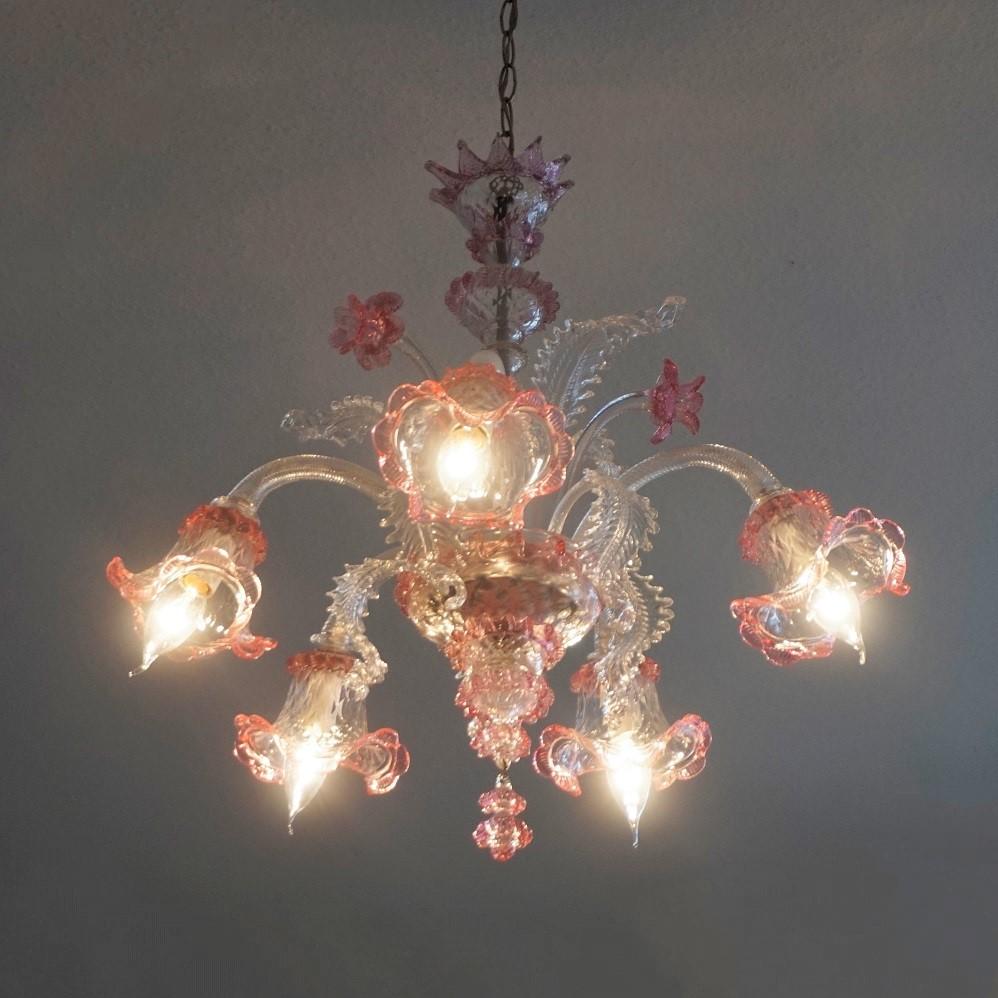 Murano Glass Chandelier Clear and Pink Blown Glass, Italy 4