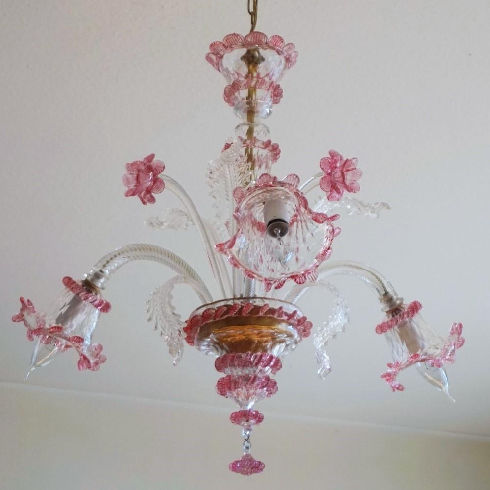 Murano Glass Chandelier Clear and Pink Blown Glass, Italy 6