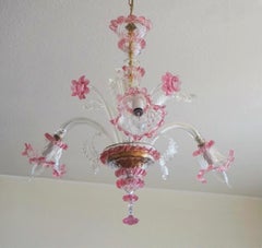 Handcrafted Venetian Clear and Pink Murano Glass Chandelier, Italy, 1930s