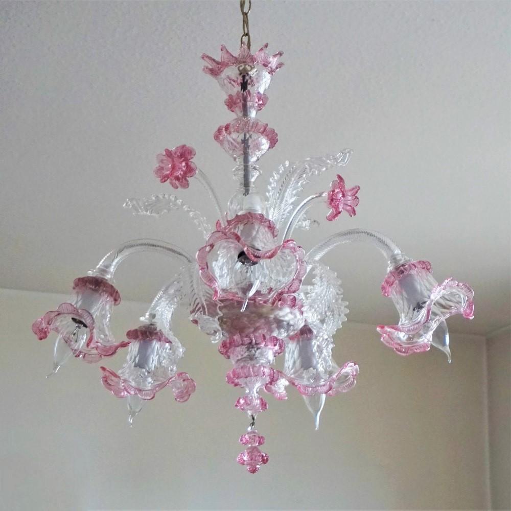 Art Deco Murano Glass Chandelier Clear and Pink Blown Glass, Italy