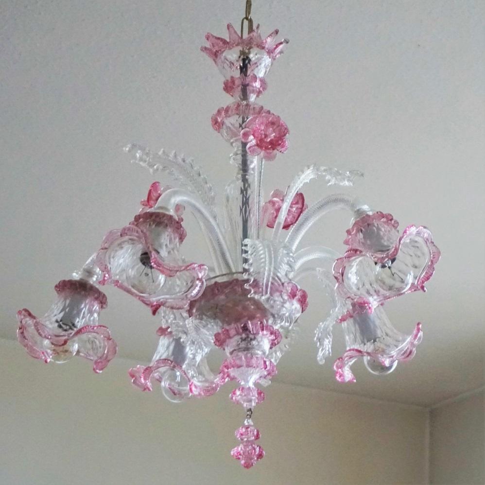 Italian Murano Glass Chandelier Clear and Pink Blown Glass, Italy