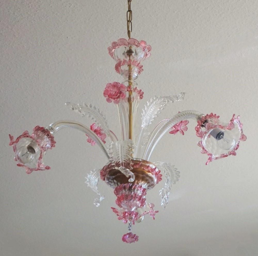 Hand-Crafted Handcrafted Venetian Clear and Pink Murano Glass Chandelier, Italy, 1930s  For Sale