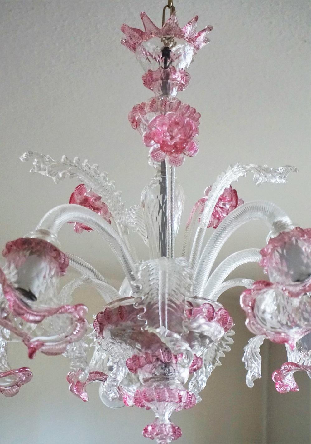 Hand-Crafted Murano Glass Chandelier Clear and Pink Blown Glass, Italy