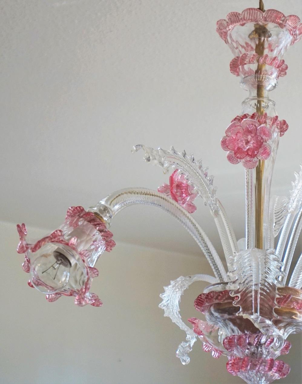 Murano Glass Original Venetian Handcrafted Murano Chandelier Clear and Pink Blown Glass Italy For Sale