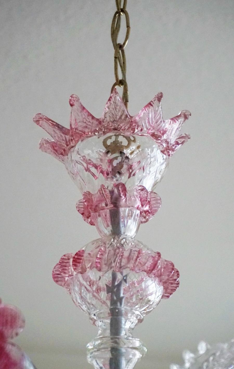 20th Century Murano Glass Chandelier Clear and Pink Blown Glass, Italy