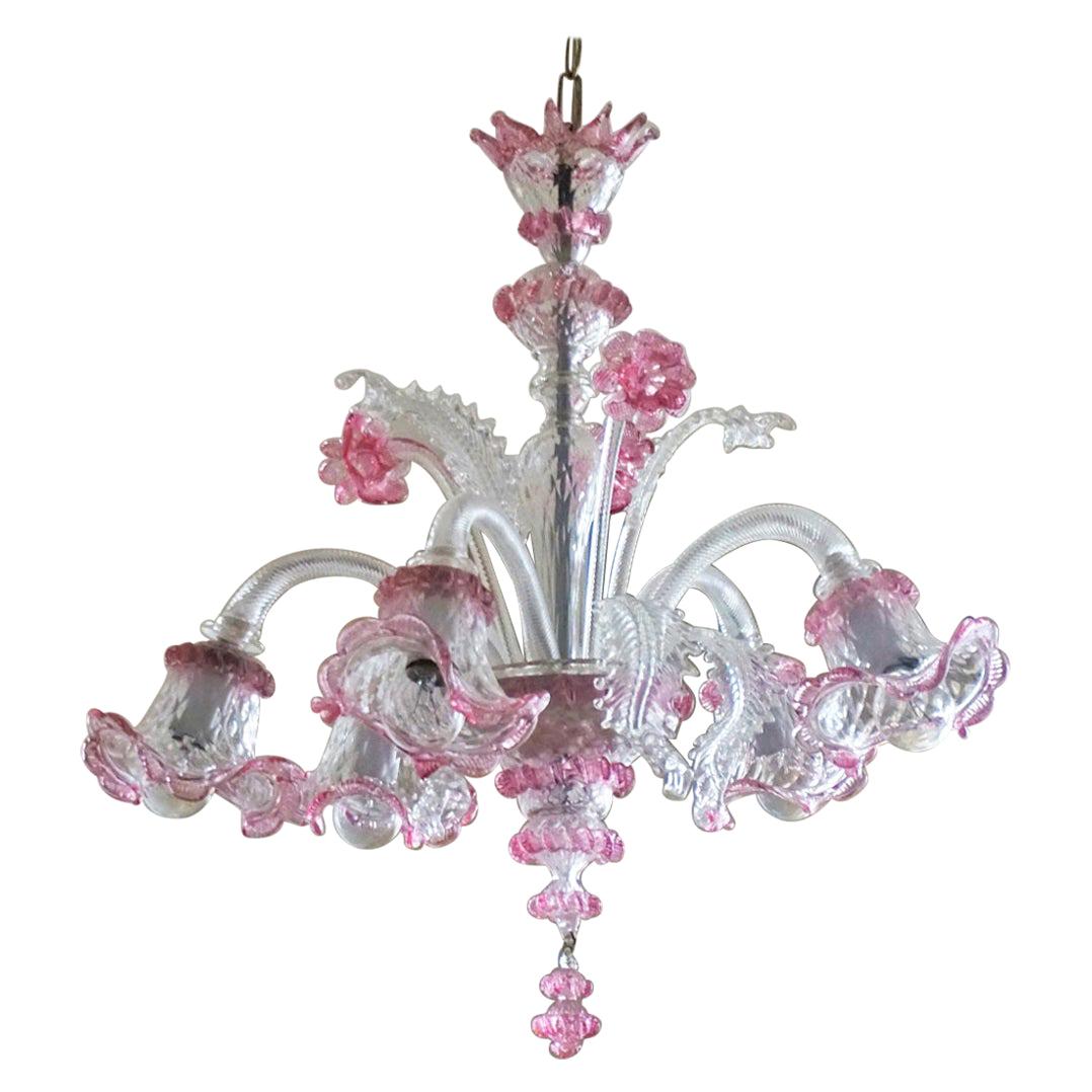 Lampadario di Murano originale, fatto a mano, in vetro soffiato rosa e trasparente, Italia