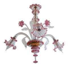 Original Venetian Handcrafted Murano Chandelier Clear and Pink Blown Glass Italy