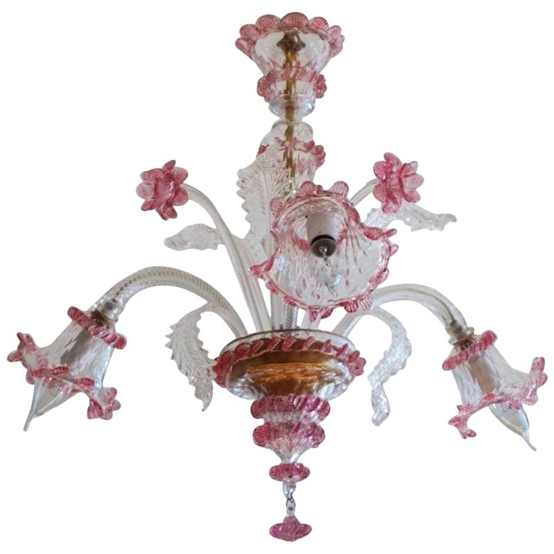 Original Venetian Handcrafted Murano Chandelier Clear and Pink Blown Glass Italy