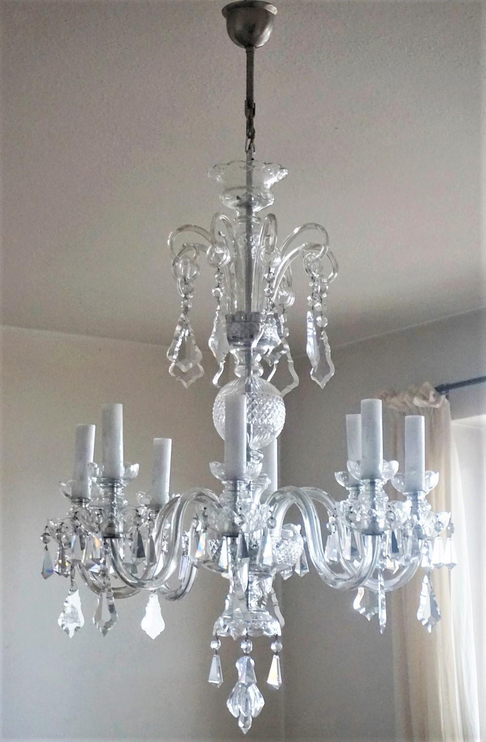 Art Deco Murano Glass Crystal Eight-Light Chandelier, Italy, 1910-1920 For Sale