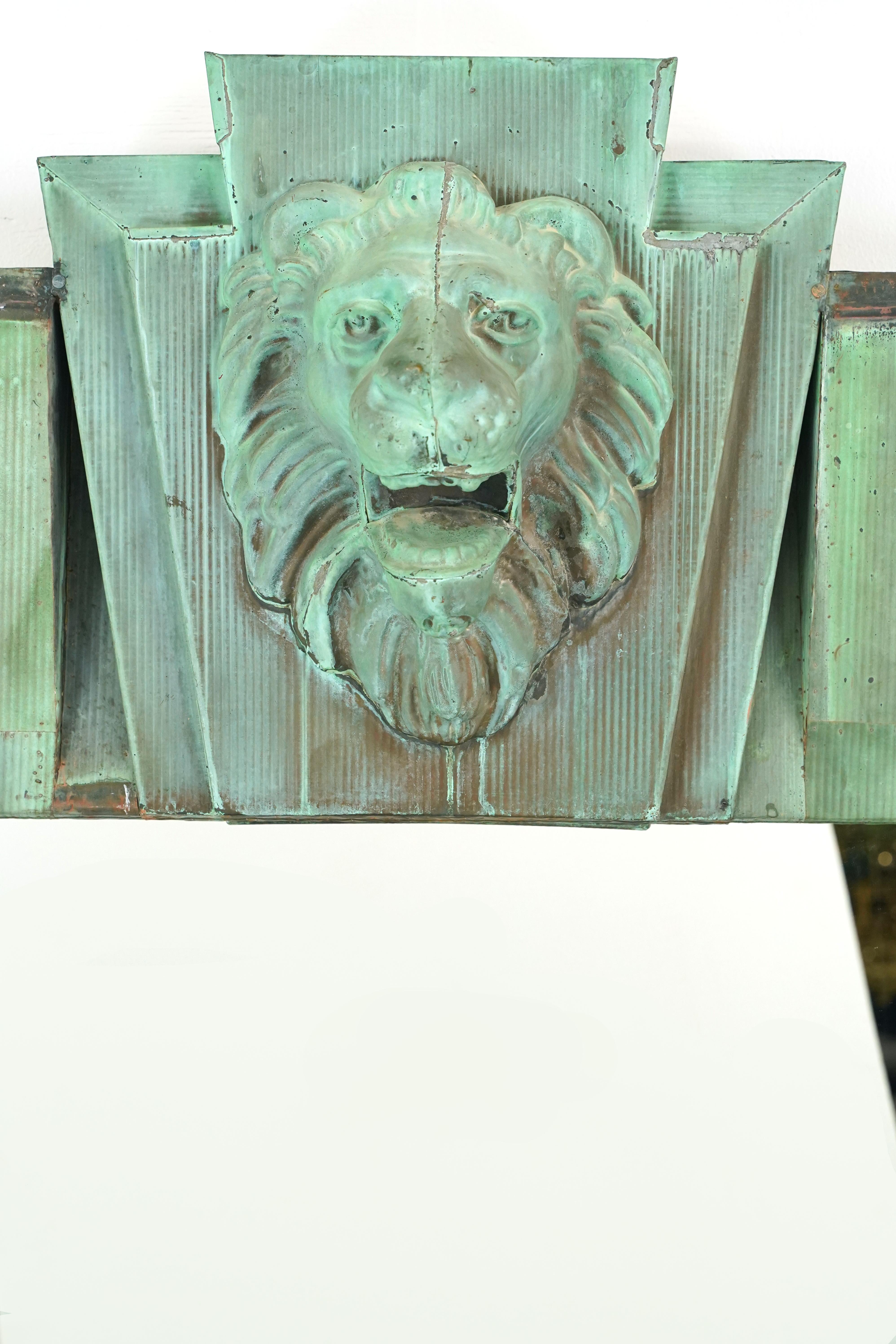 Newly made massive mirror made of reclaimed copper flattened roof shingles and a lion head building facade. This original verdigris patina naturally developed over the years. The provenance of the copper material is unknown; probably 1930s though.