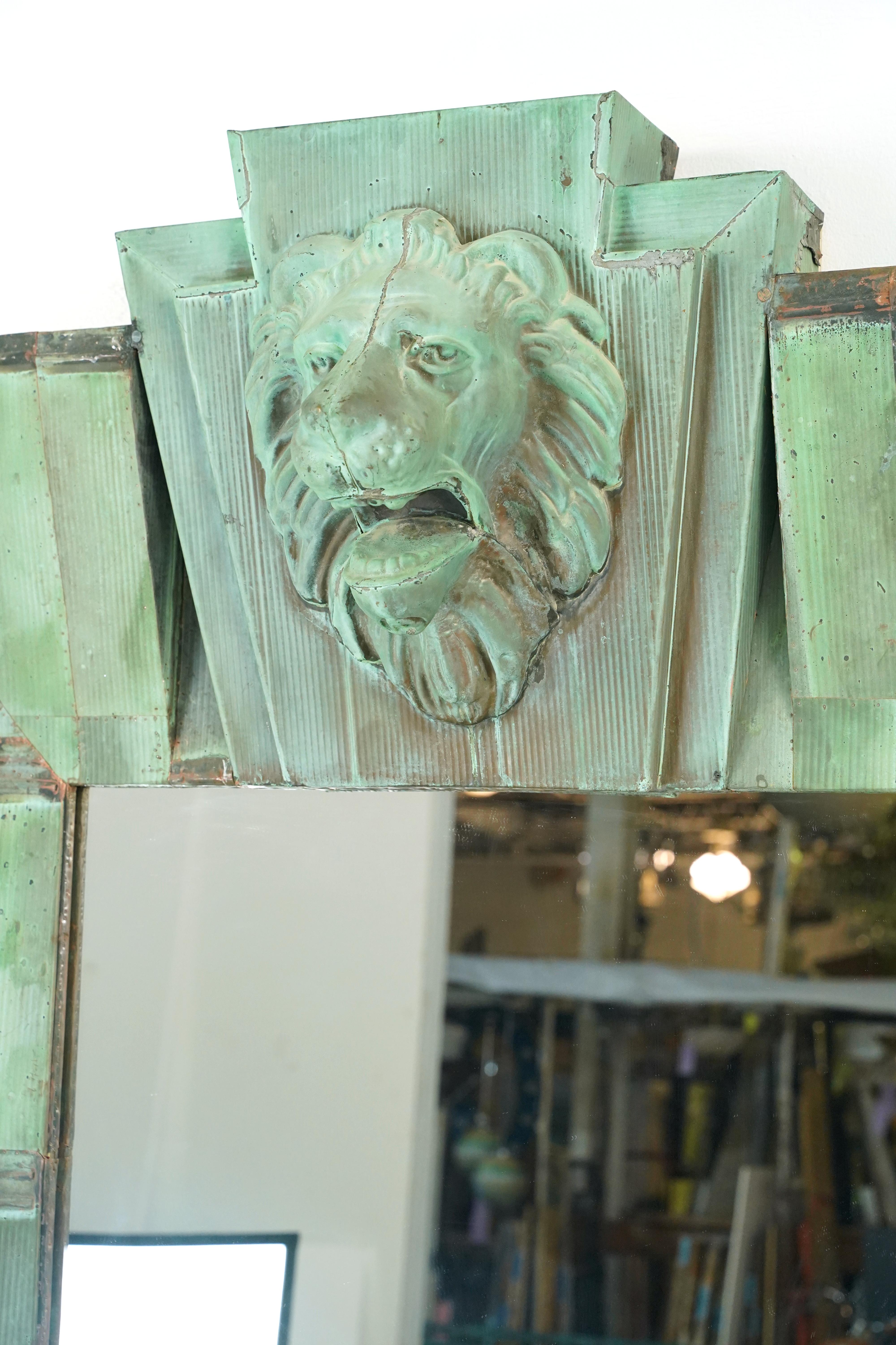 Original Verdigris Copper Shingle Mirror w Lion Head In New Condition In New York, NY