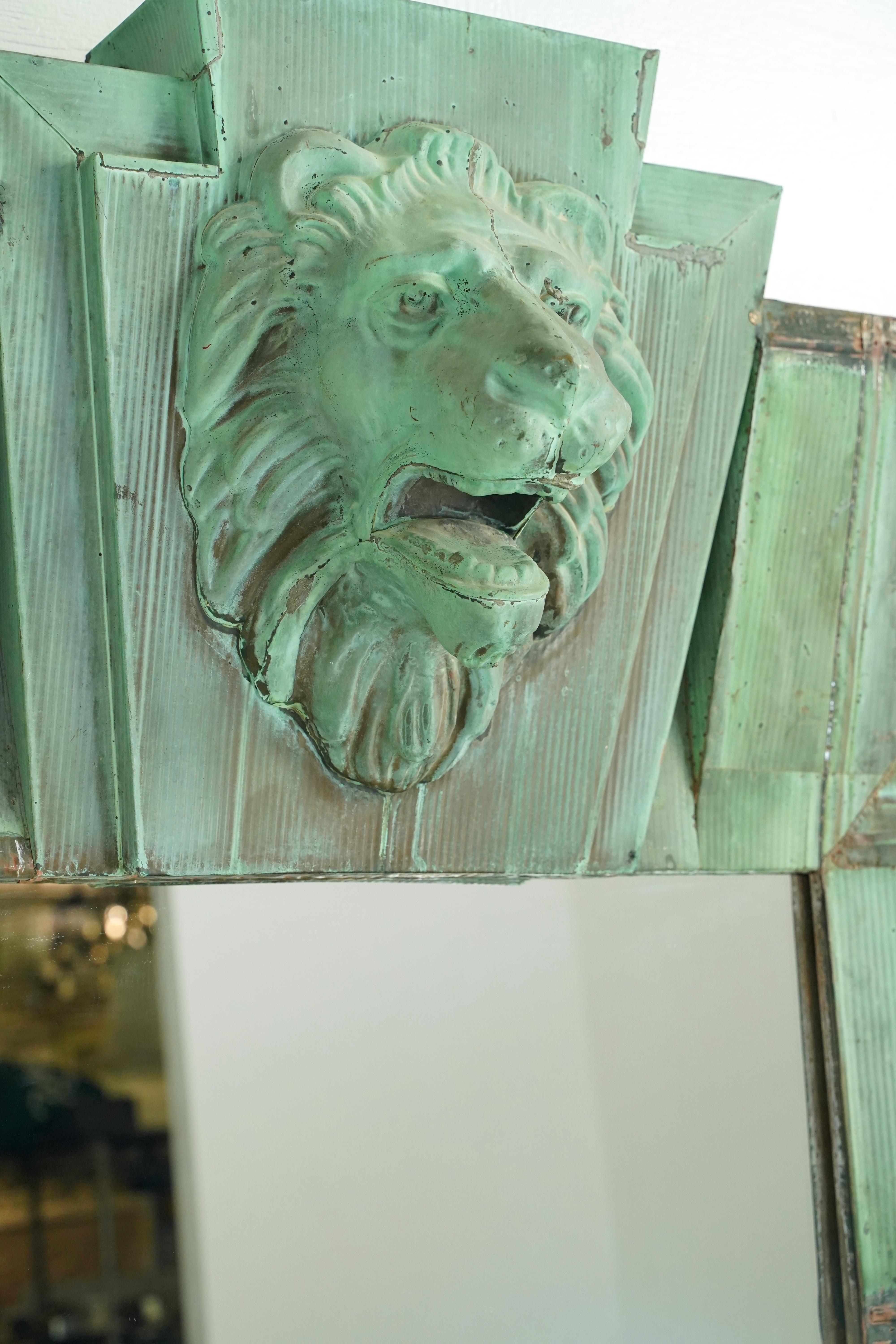 Contemporary Original Verdigris Copper Shingle Mirror w Lion Head