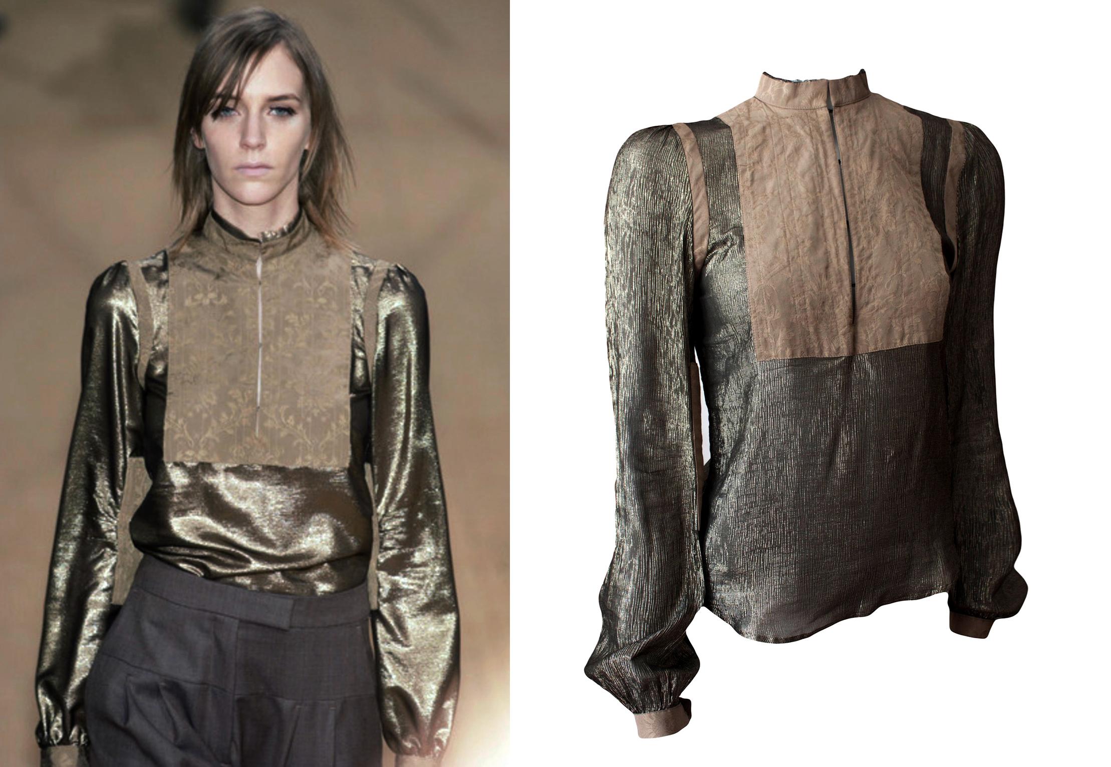 
FW 2002 Collection Runway Piece by Véronique Branquinho. Gold metallic lamé blouse, very beautiful and delicate high quality.
Marked size 38, best fit for S


