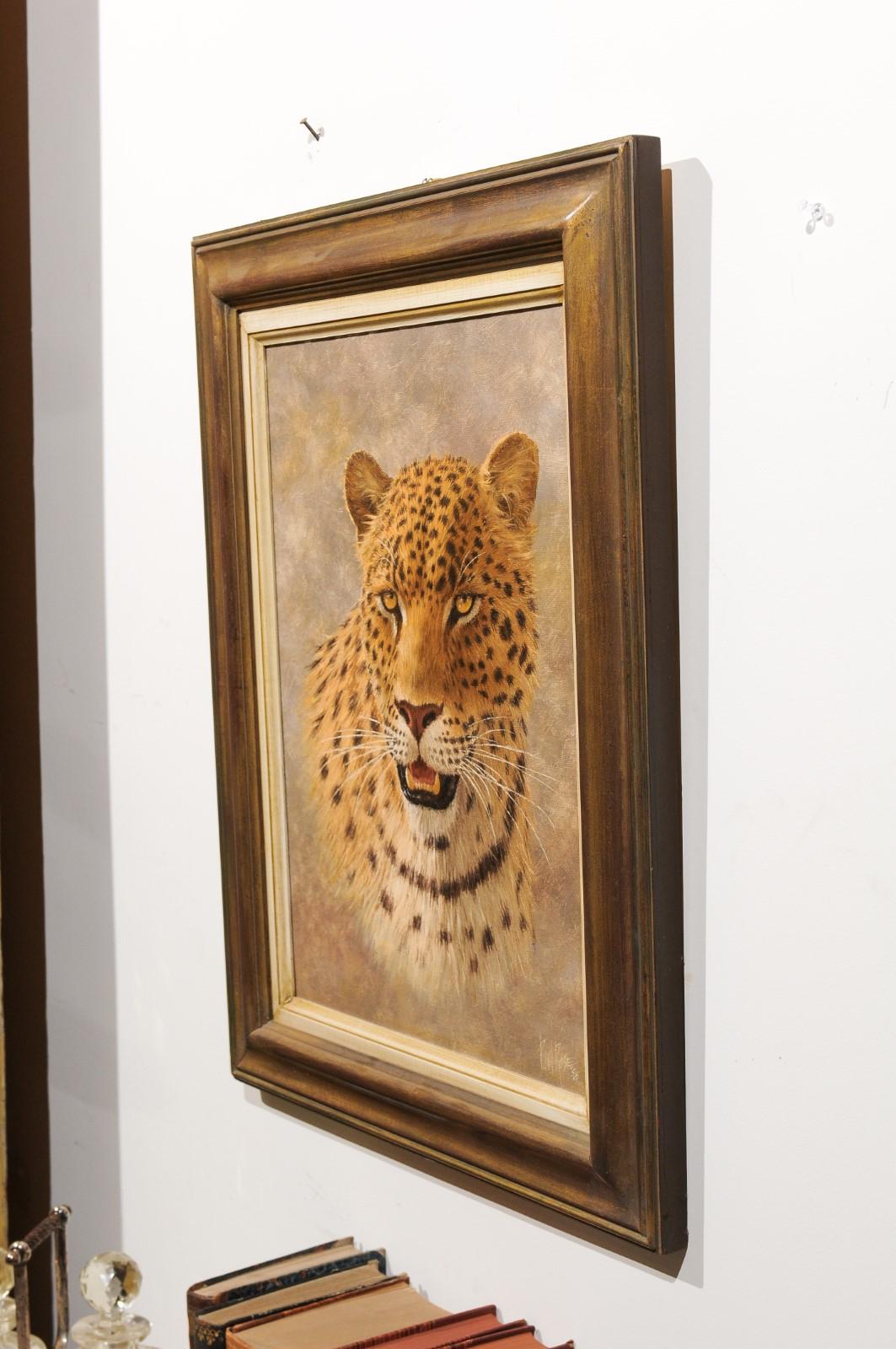 Original Vertical Framed Paul Rose Wildlife Painting Depicting a Leopard Head 2