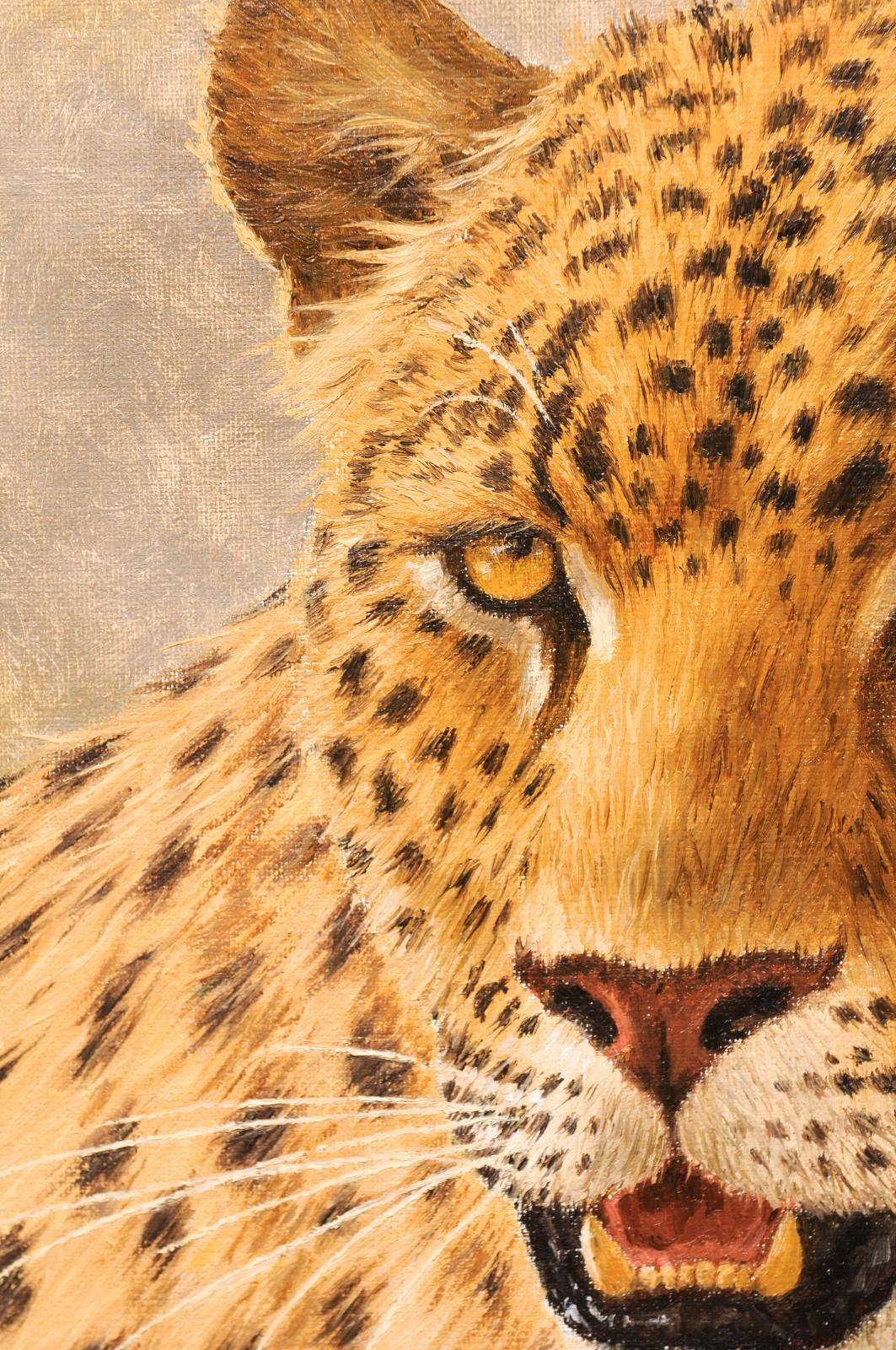 Original Vertical Framed Paul Rose Wildlife Painting Depicting a Leopard Head 3