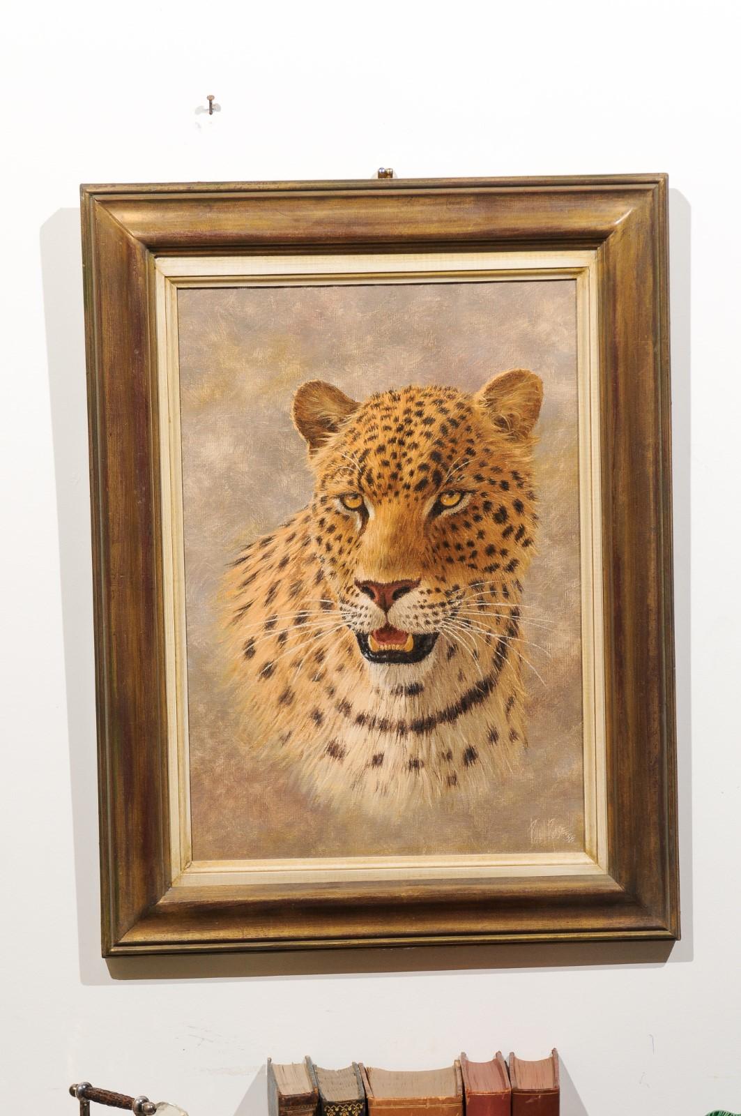 An original framed Paul Rose wildlife painting of vertical format from the late 20th century, depicting a leopard. We are holding our breath in front of this exquisite Paul Rose painting featuring a leopard who seems to be emerging from a delicate