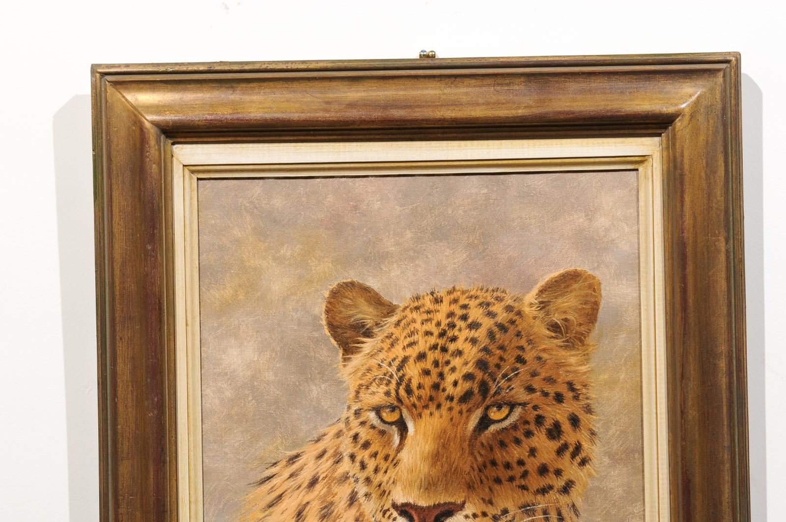 American Original Vertical Framed Paul Rose Wildlife Painting Depicting a Leopard Head