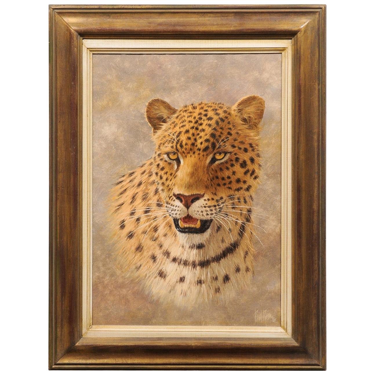 Original Vertical Framed Paul Rose Wildlife Painting Depicting a Leopard Head
