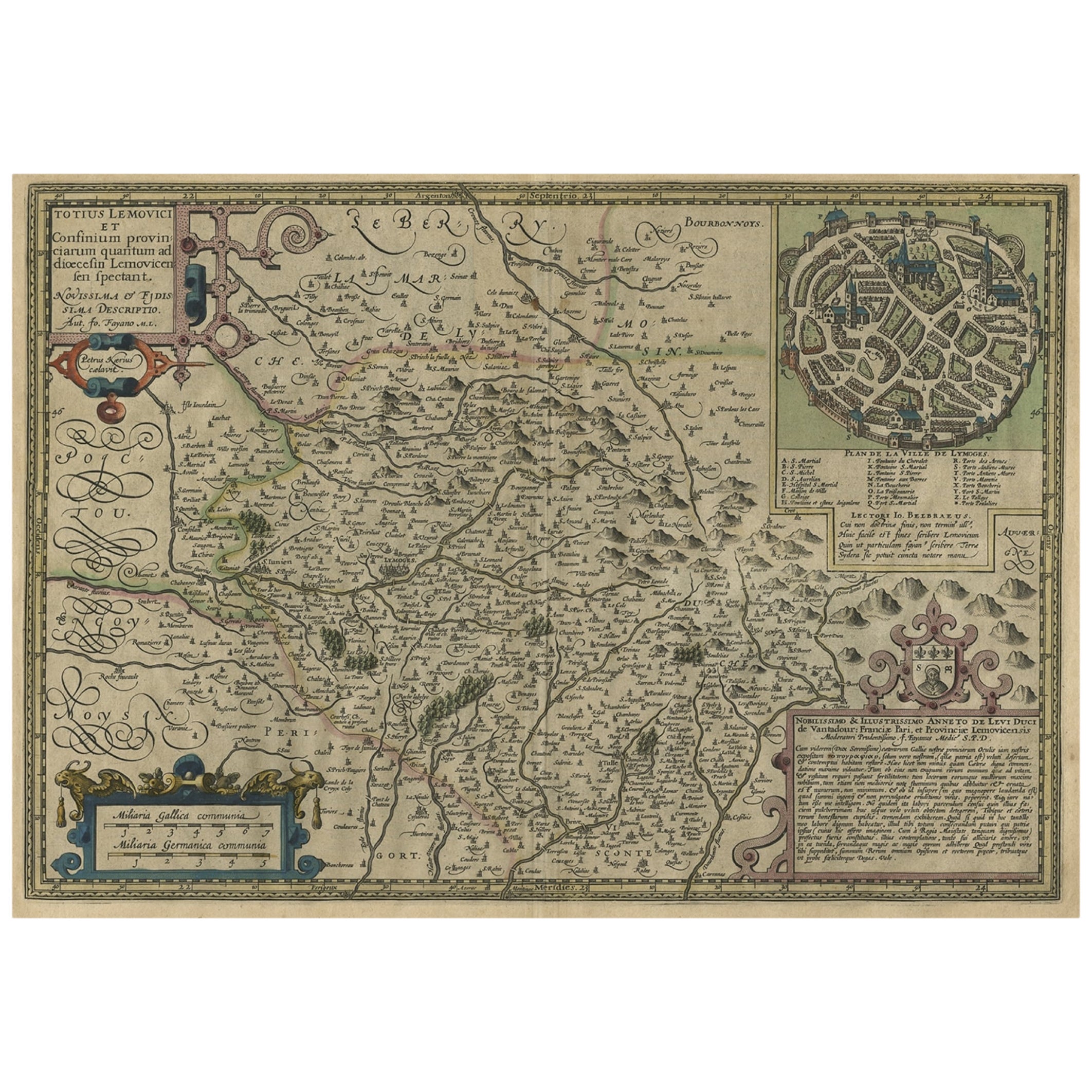 Mappa originale molto antica colorata a mano del Limousin o Limoges, Francia, 1600 ca.