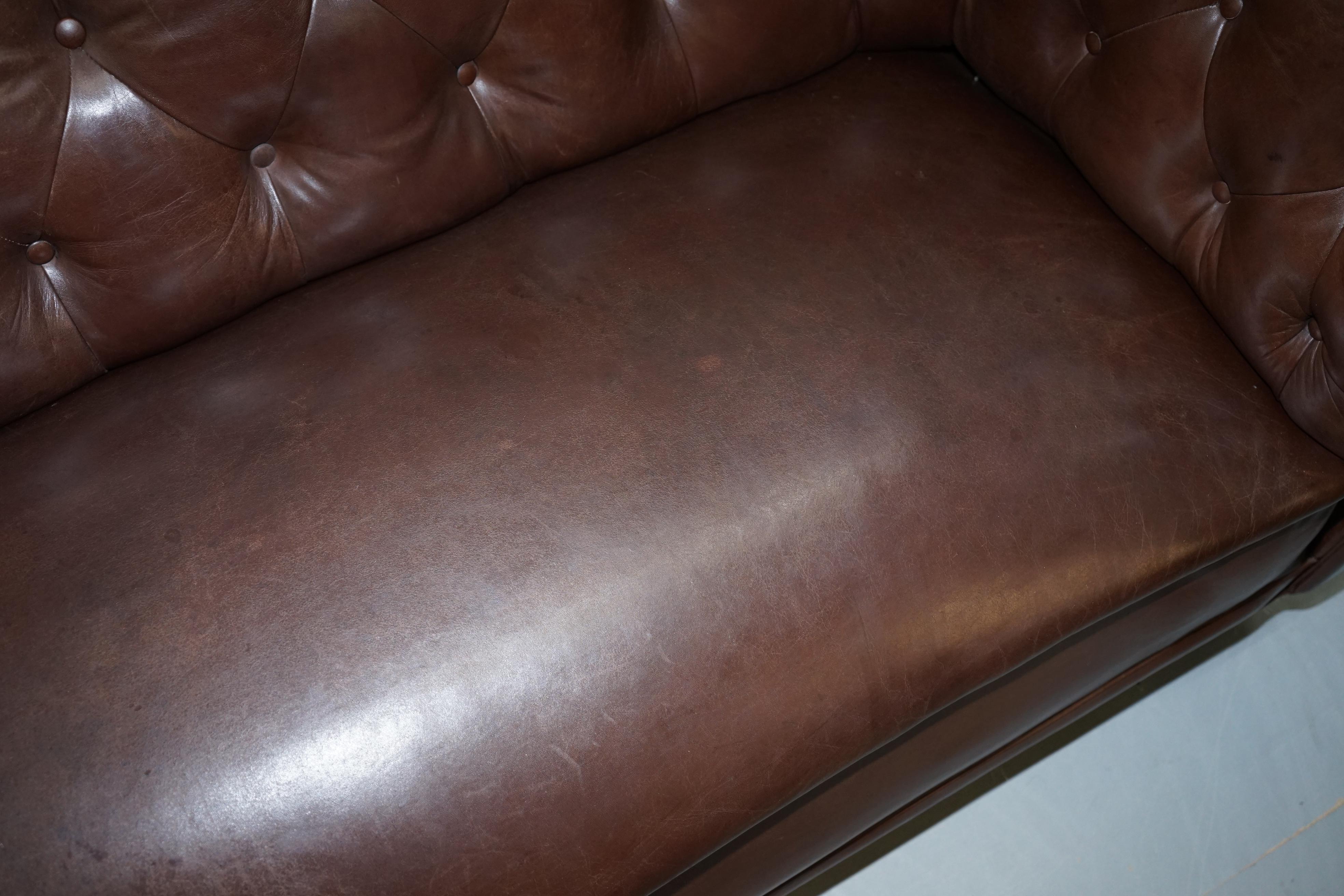 Original Victorian 1890 Swedish Aged Brown Leather Chesterfield Full Sprung Sofa 4