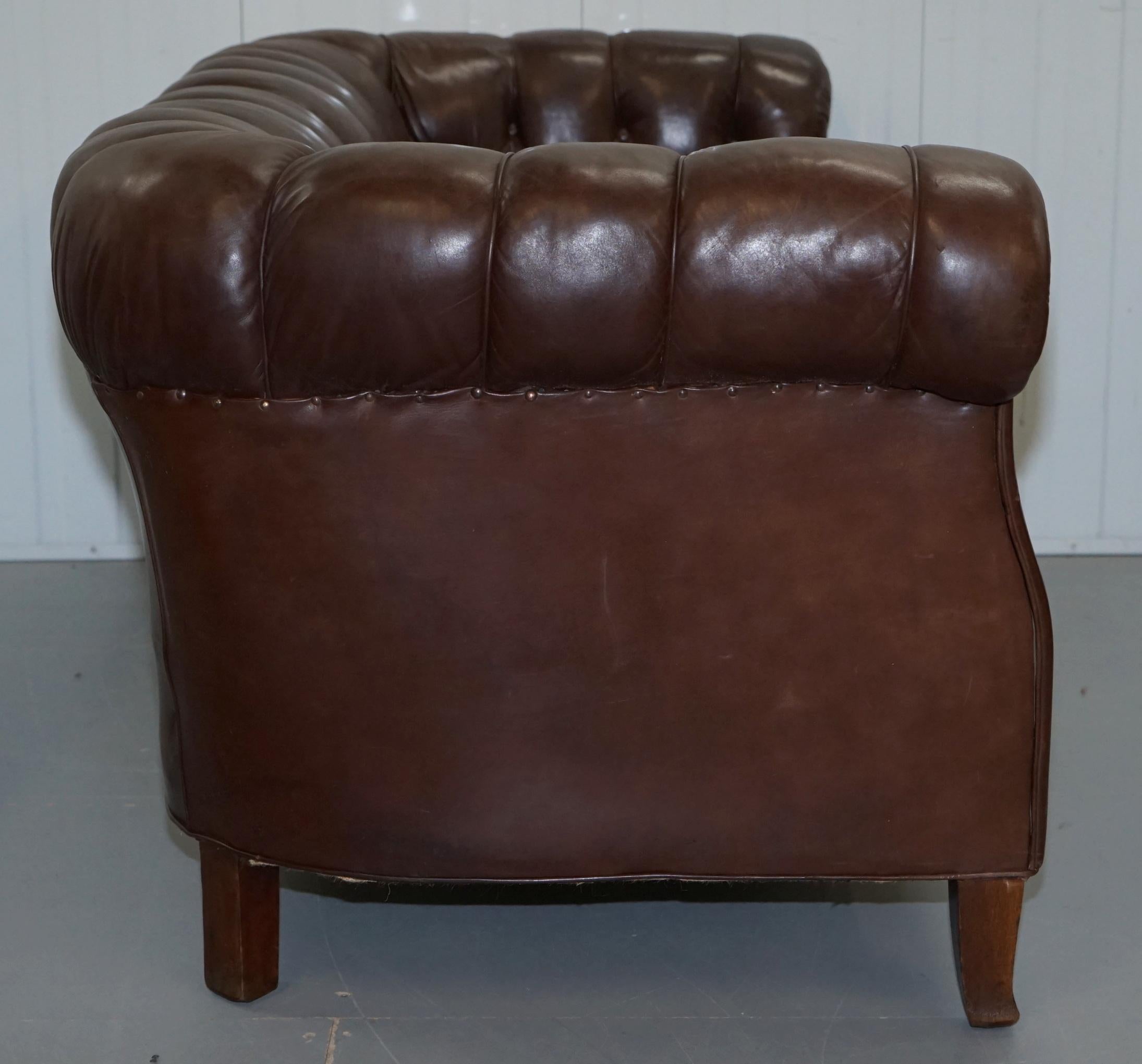 Original Victorian 1890 Swedish Aged Brown Leather Chesterfield Full Sprung Sofa 10
