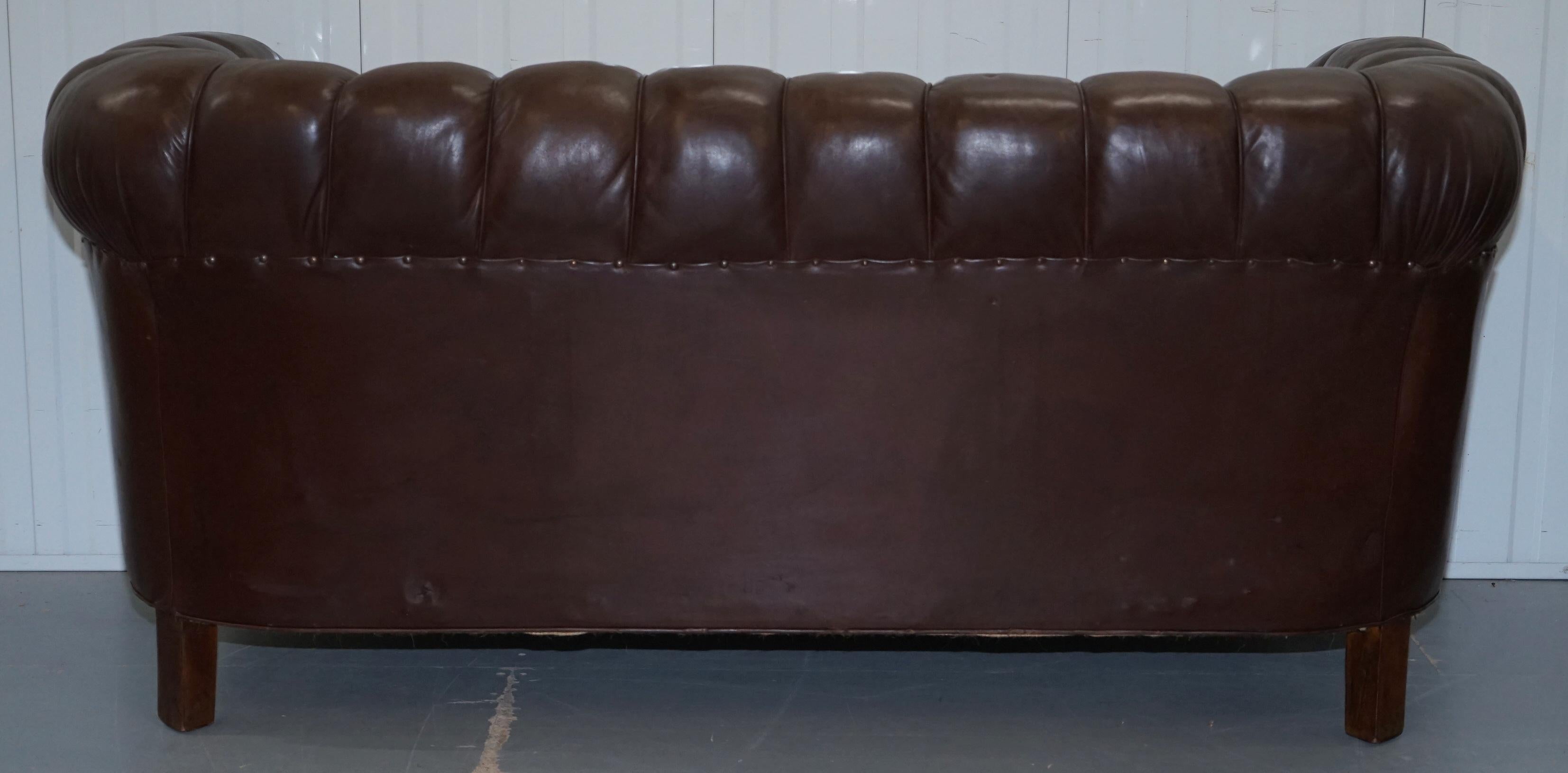 Original Victorian 1890 Swedish Aged Brown Leather Chesterfield Full Sprung Sofa 11
