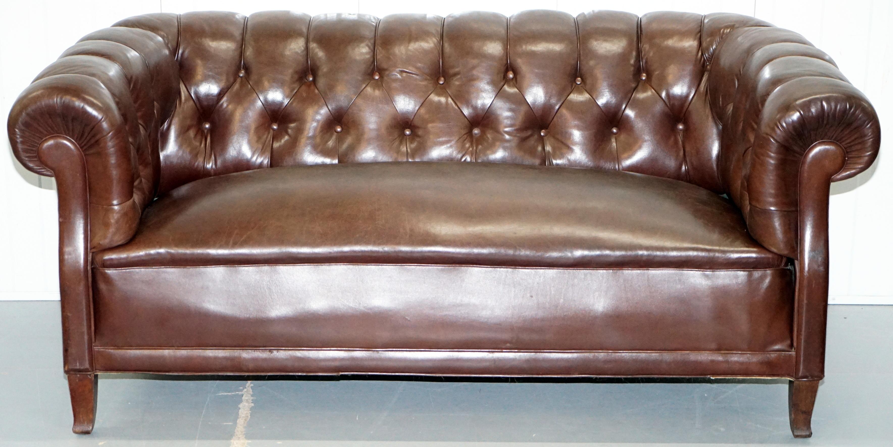 We are delighted to offer for sale is this circa 1890 original Swedish aged brown leather Chesterfield fully sprung sofa

This sofa base is absolutely huge in terms of how it sits from the floor, it’s very high for a chesterfield sofa. This is by