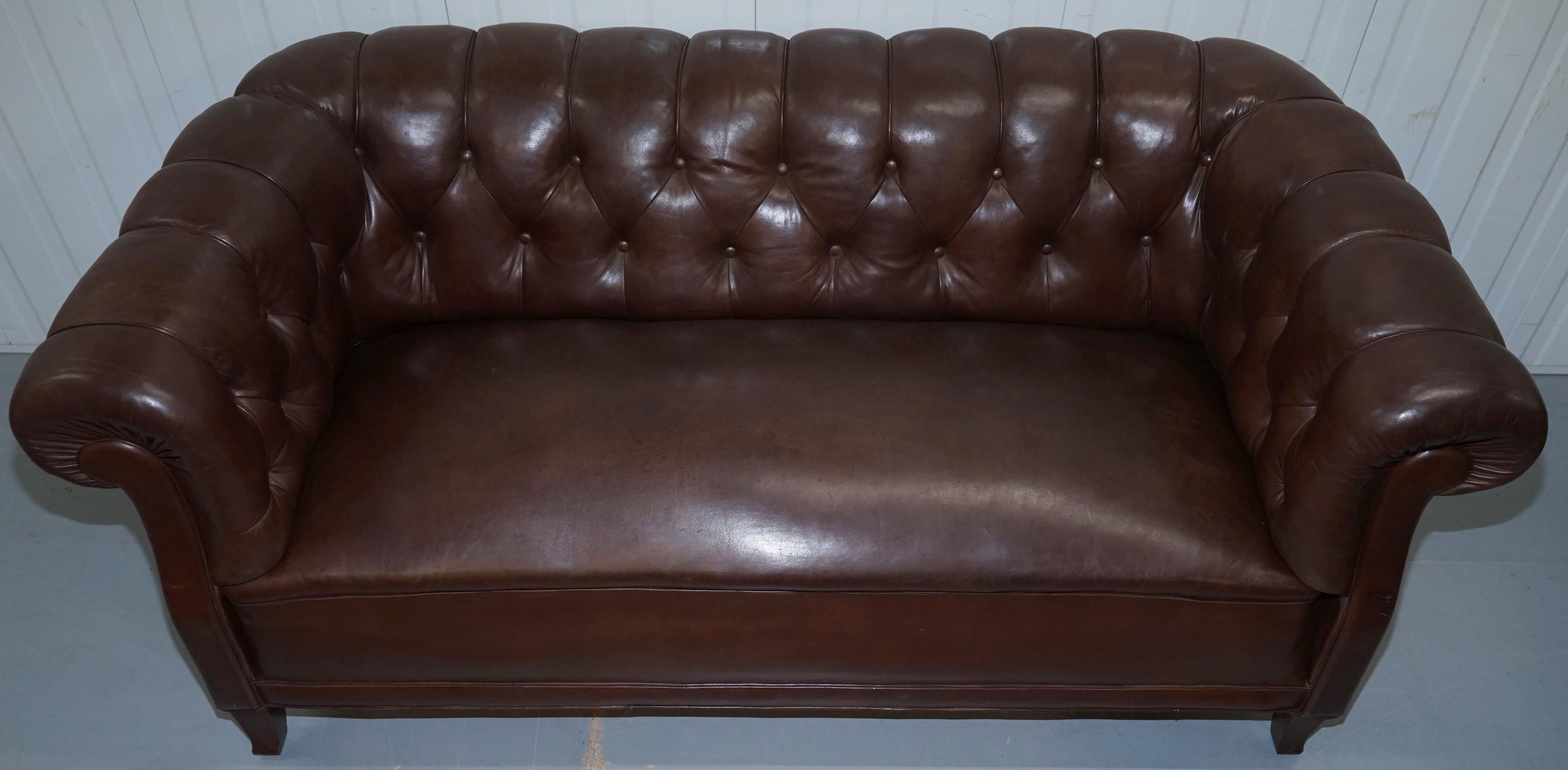 Hand-Crafted Original Victorian 1890 Swedish Aged Brown Leather Chesterfield Full Sprung Sofa
