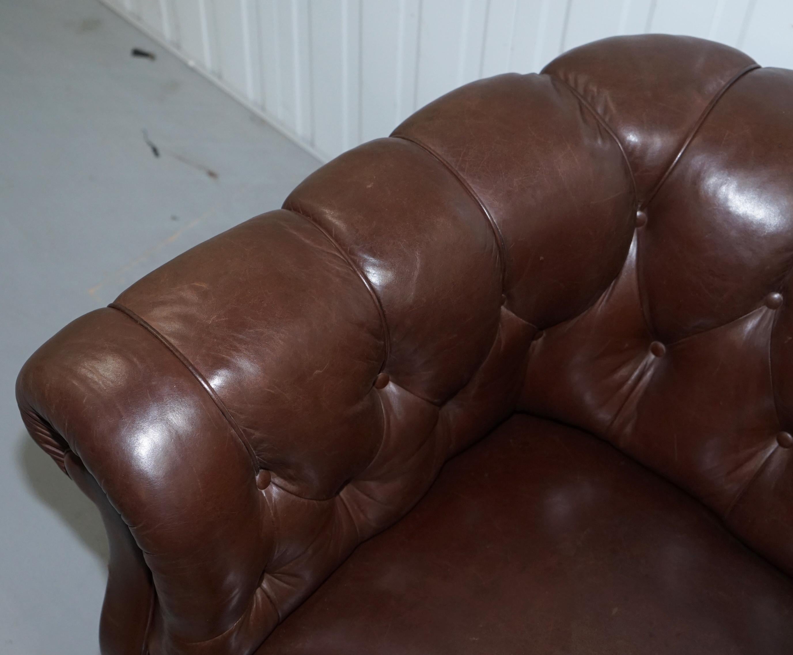 Original Victorian 1890 Swedish Aged Brown Leather Chesterfield Full Sprung Sofa 2