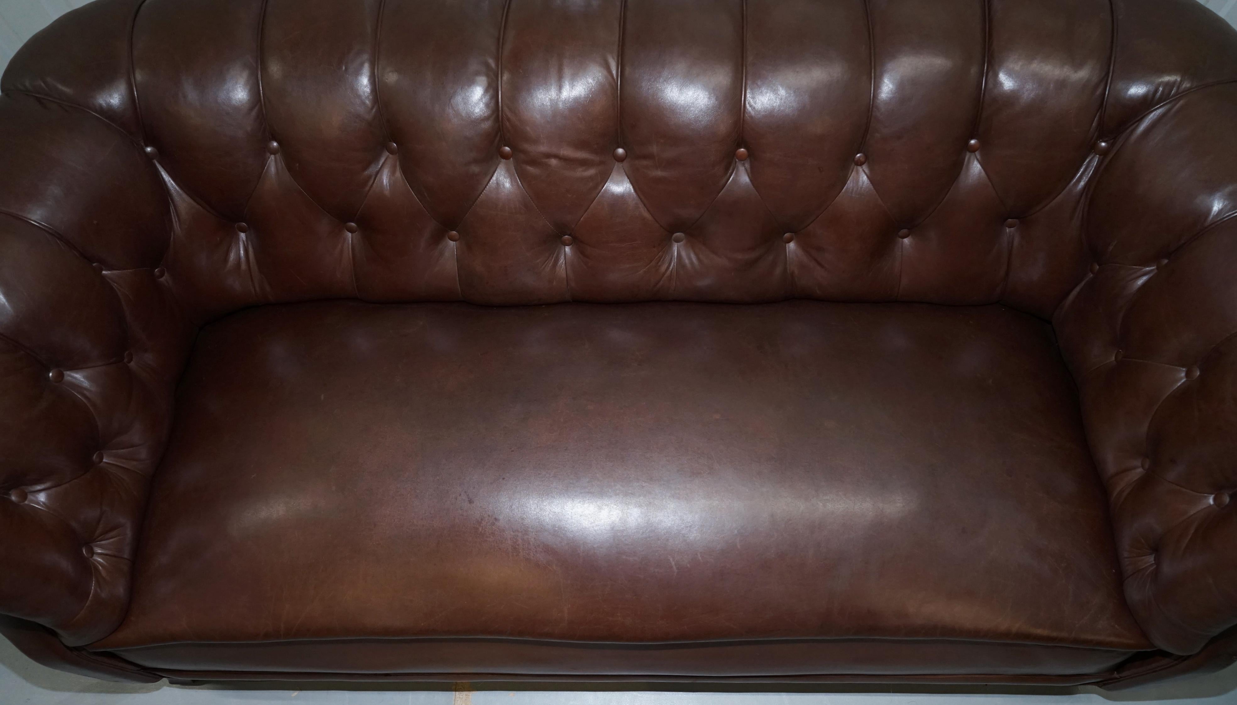Original Victorian 1890 Swedish Aged Brown Leather Chesterfield Full Sprung Sofa 3