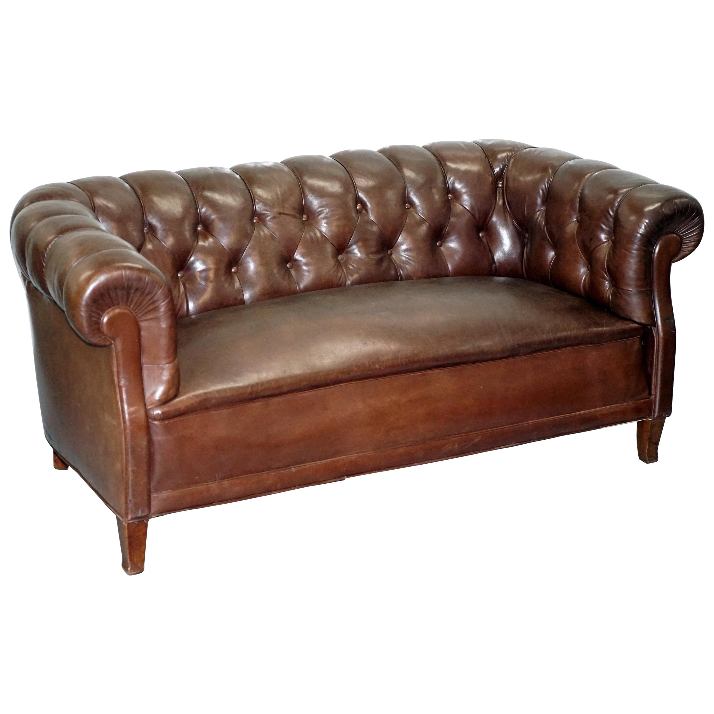 Original Victorian 1890 Swedish Aged Brown Leather Chesterfield Full Sprung Sofa