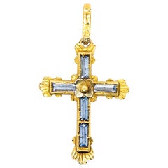 Original Victorian 18 Karat Gold Aquamarines Cross