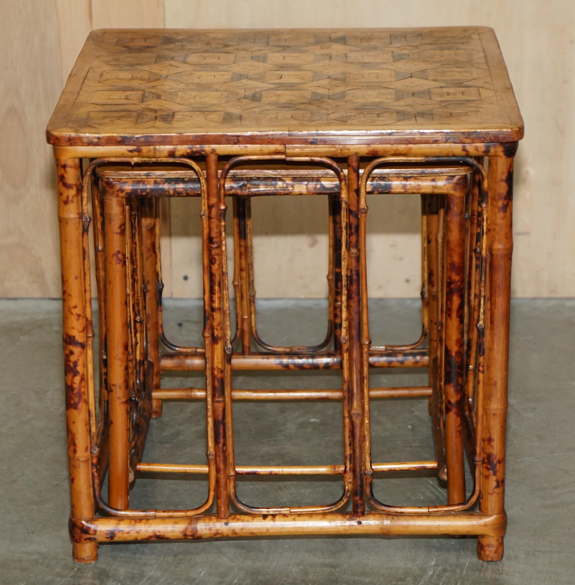 ORIGINAL ViCTORIAN BAMBOO PARQUETRY NEST OF TWO TABLES LOVELY INLAID TOPS For Sale 9