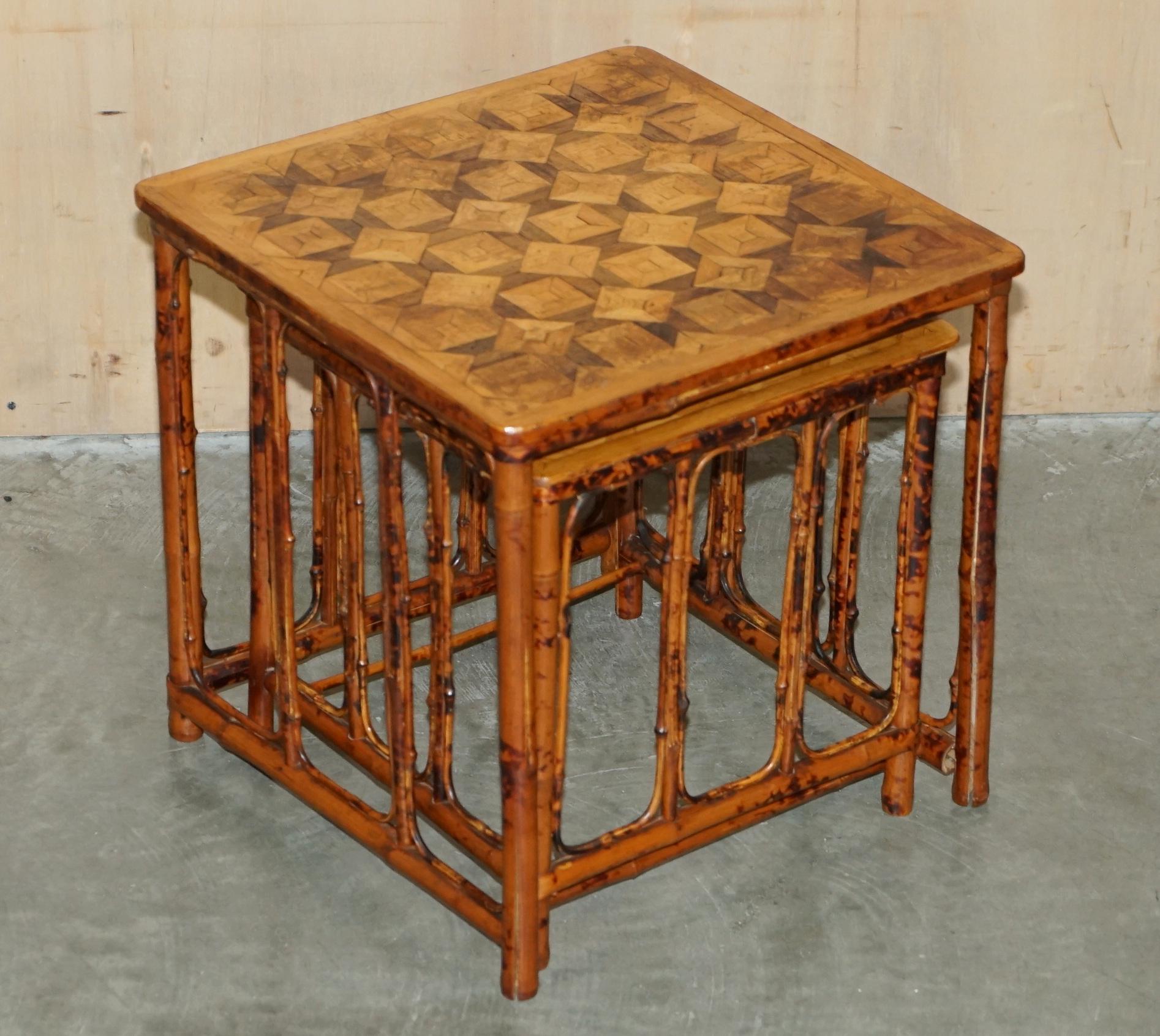 High Victorian ORIGINAL ViCTORIAN BAMBOO PARQUETRY NEST OF TWO TABLES LOVELY INLAID TOPS For Sale