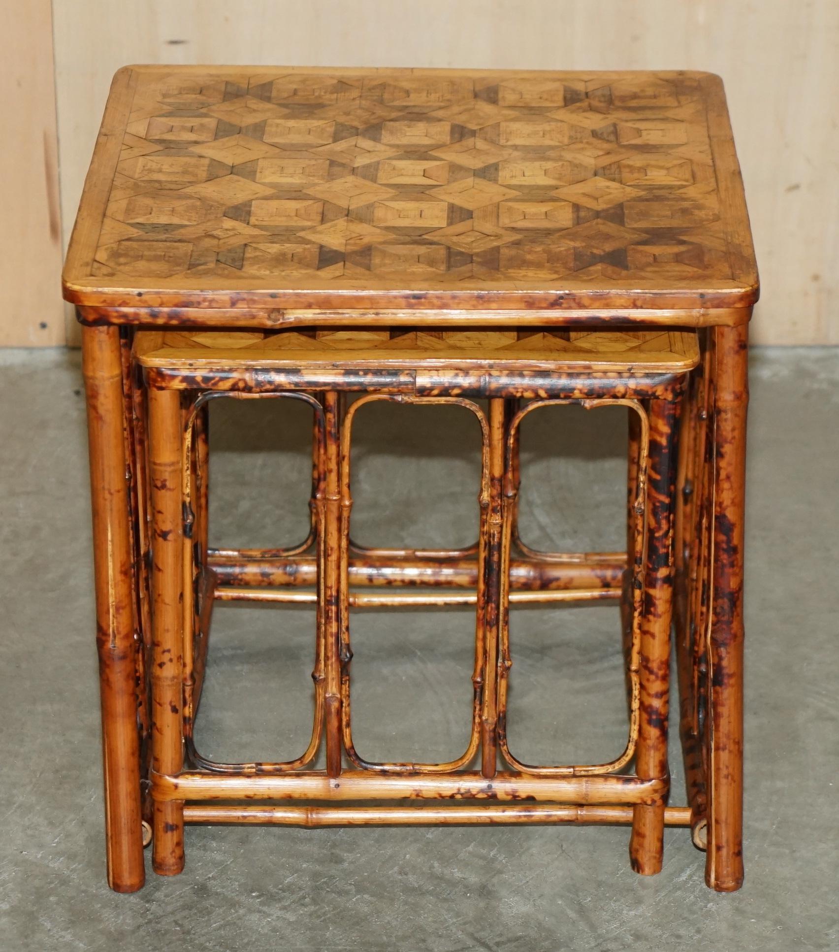 Chinese ORIGINAL ViCTORIAN BAMBOO PARQUETRY NEST OF TWO TABLES LOVELY INLAID TOPS For Sale