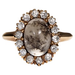 Original Victorian Dendritic Quartz Diamond Cluster Cocktail Gold Ring
