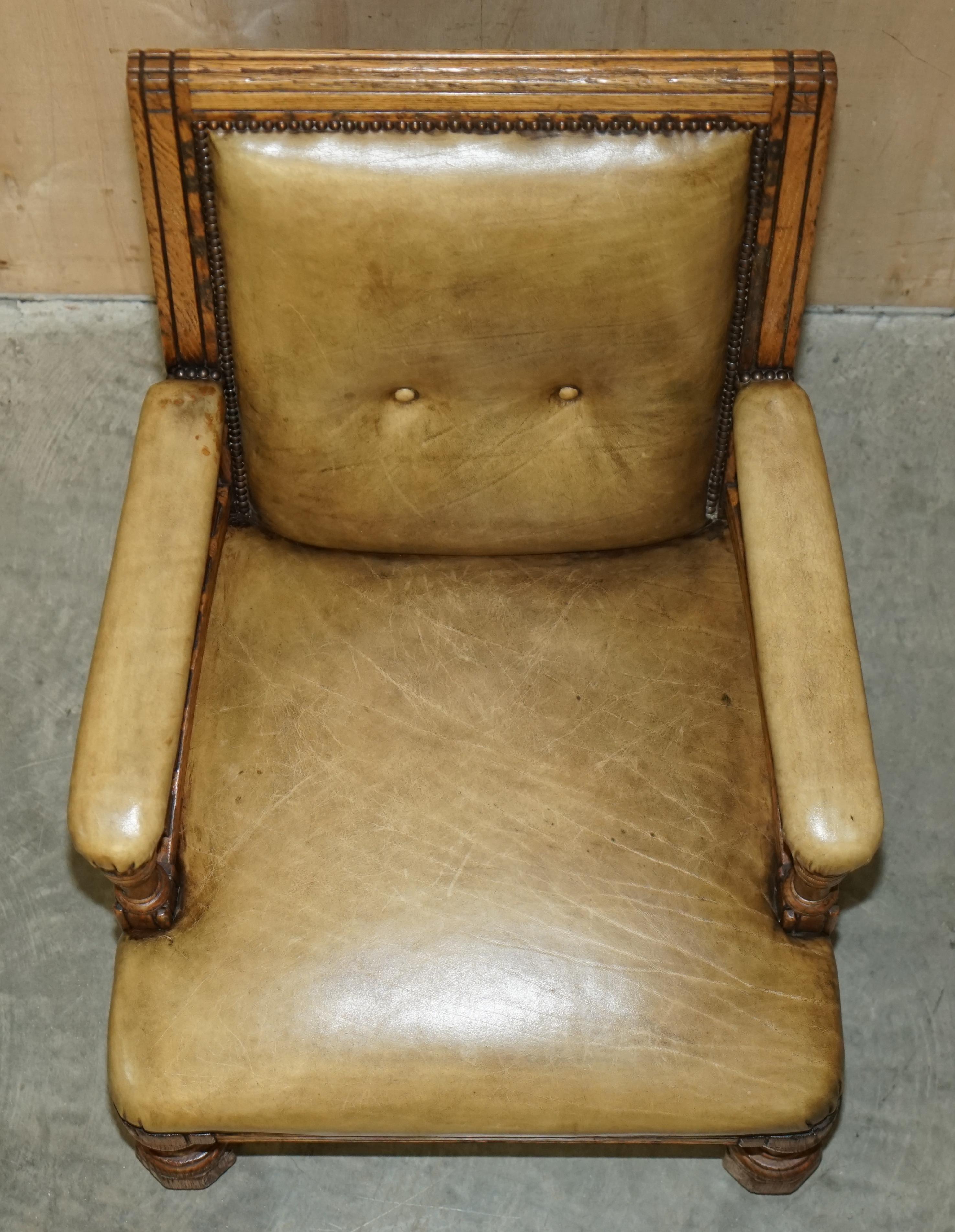 Original Victorian English Oak Hand Dyed Leather Library Reading Armchair For Sale 9