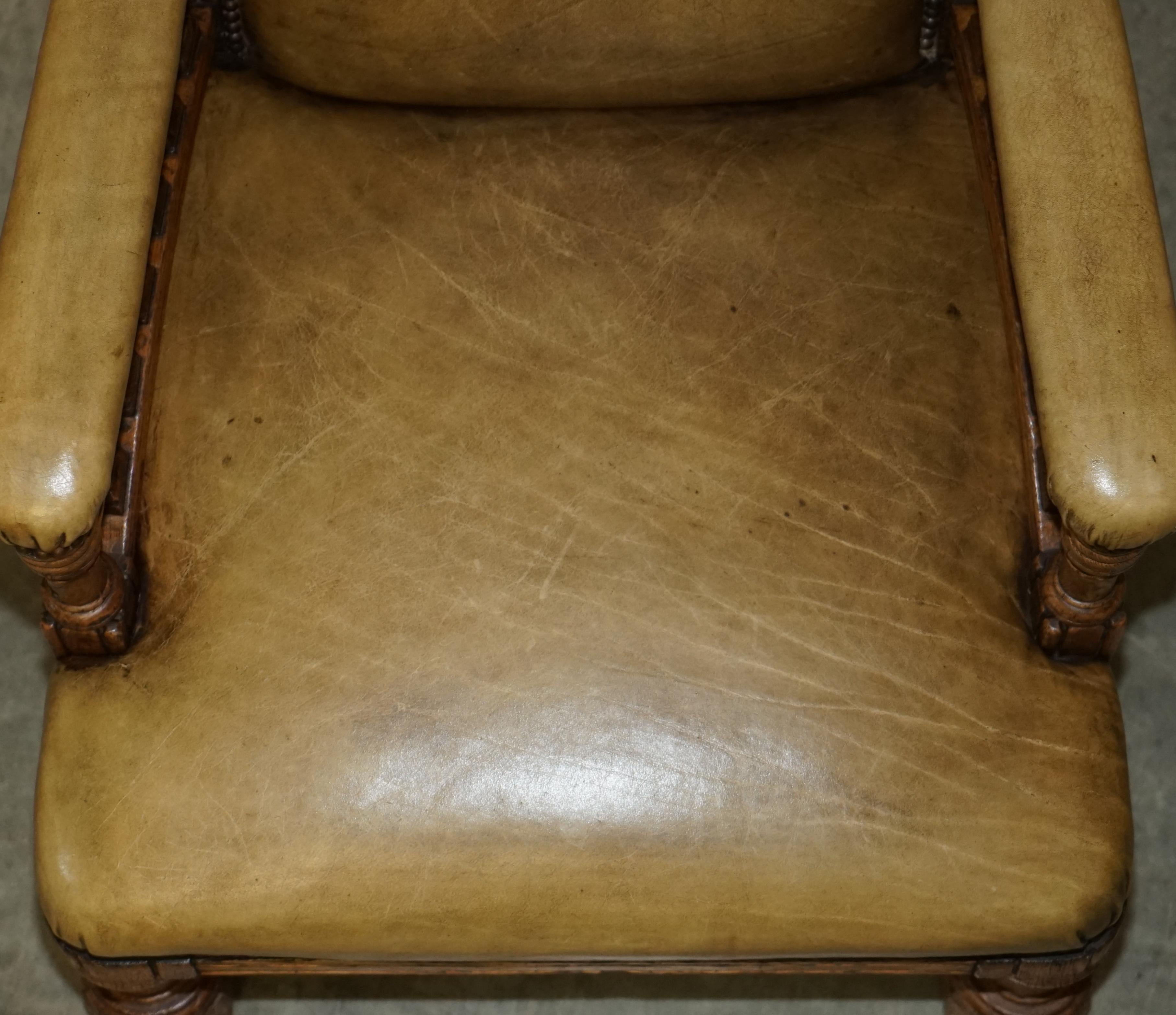 Original Victorian English Oak Hand Dyed Leather Library Reading Armchair For Sale 11