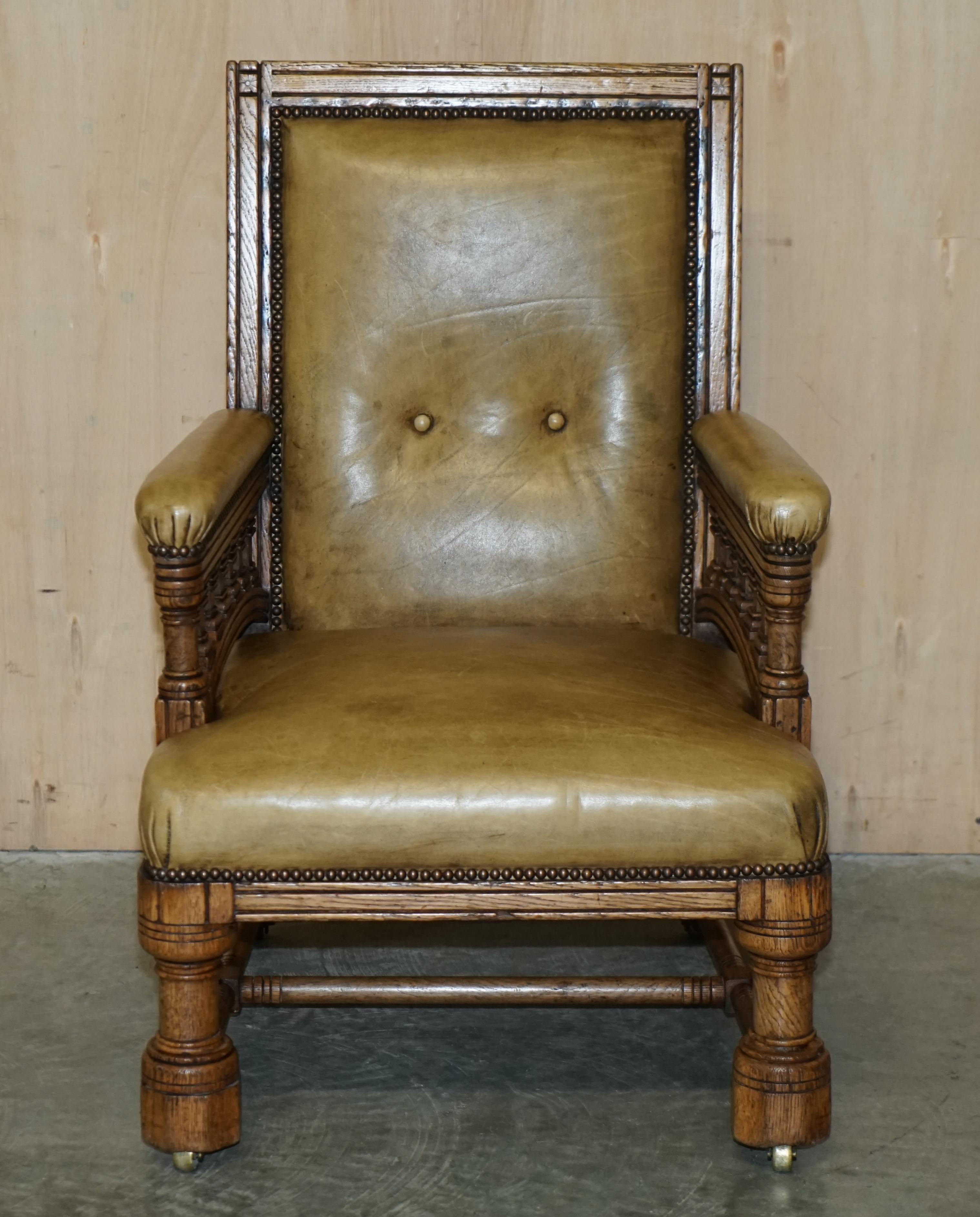 We are delighted to offer for sale this lovely original early Victorian oak carved library reading armchair with hand dyed leather upholstery.

Please note the delivery fee listed is just a guide, it covers within the M25 only for the UK and local